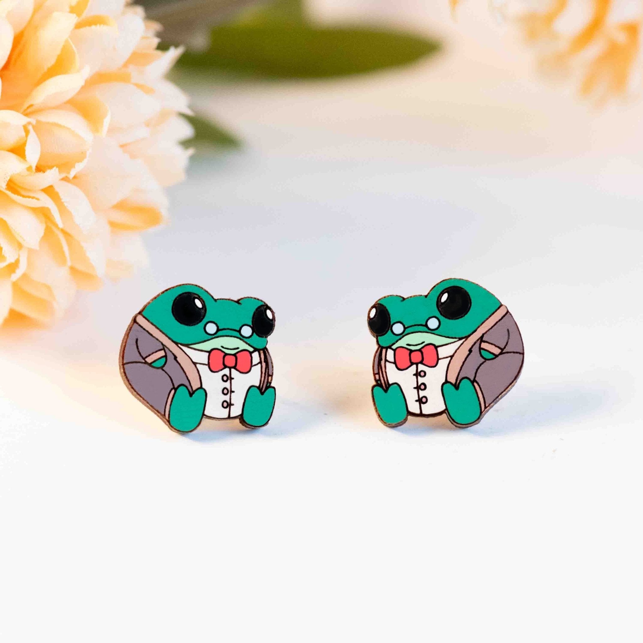 Hand - painted Chubby Frog Professor Wooden Stud Earrings - PEL10470 - Robin Valley Official Store