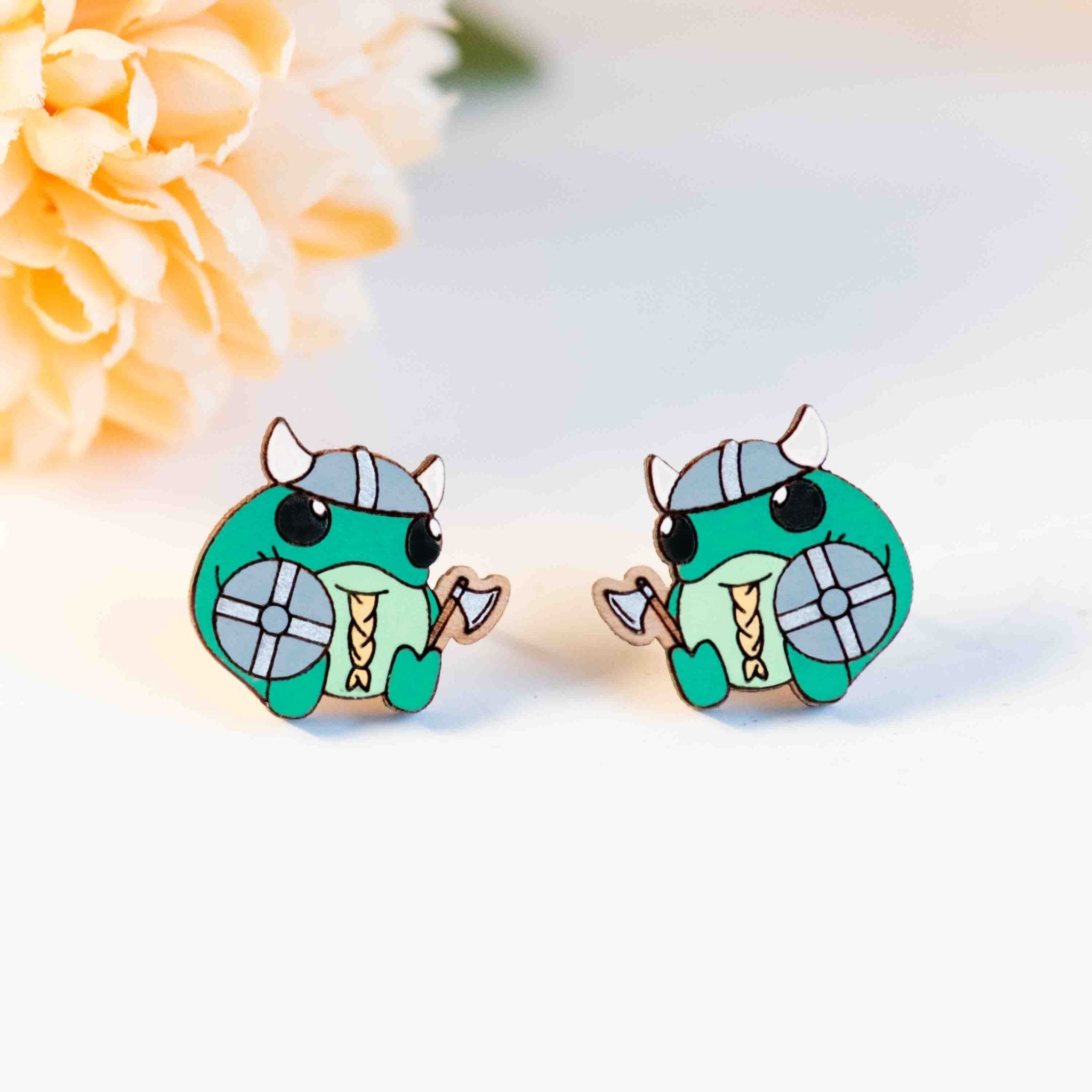 Hand - painted Chubby Frog Viking Warrior Wooden Stud Earrings - PEL10467 - Robin Valley Official Store