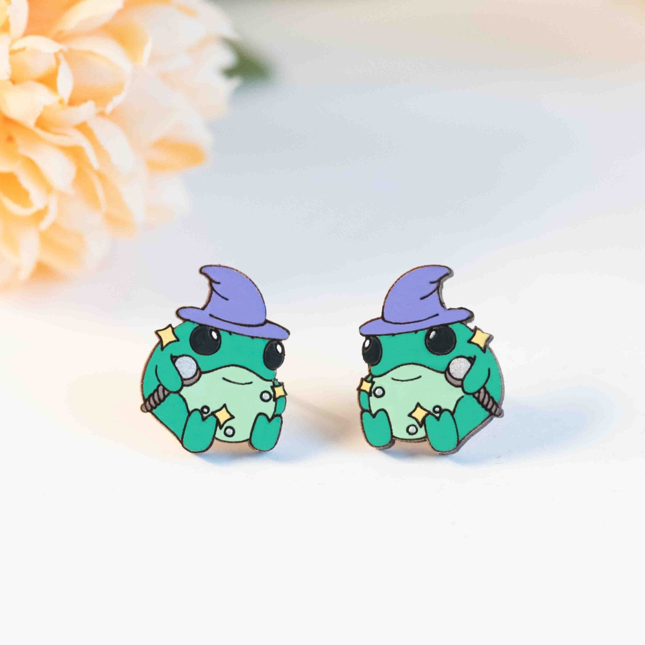 Hand - painted Chubby Frog Wizard Wooden Stud Earrings - PEL10466 - Robin Valley Official Store