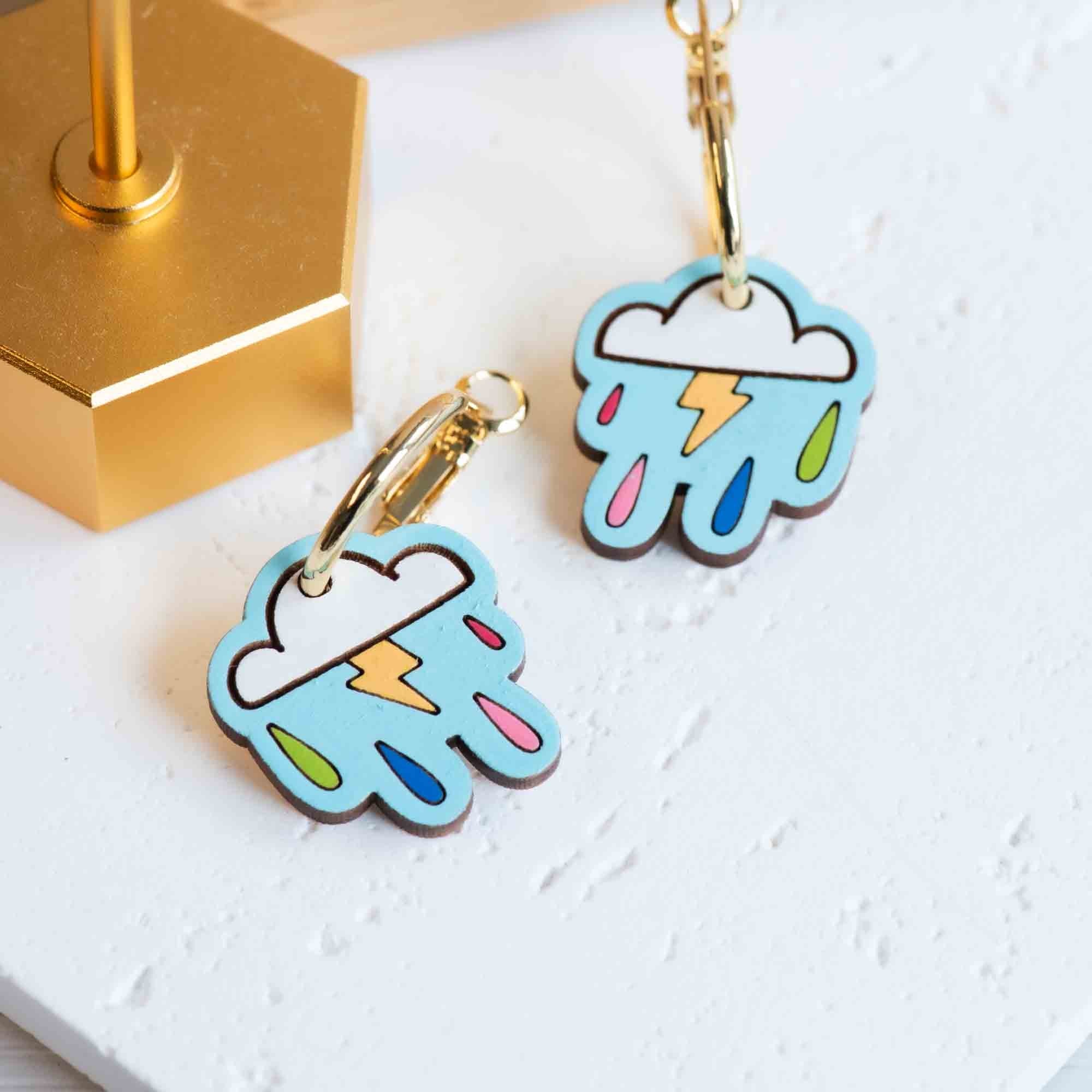 Hand - painted Cloud Lightening Bolt Hoop Earrings Inspired by René Magritte - PET15311H - Robin Valley Official Store