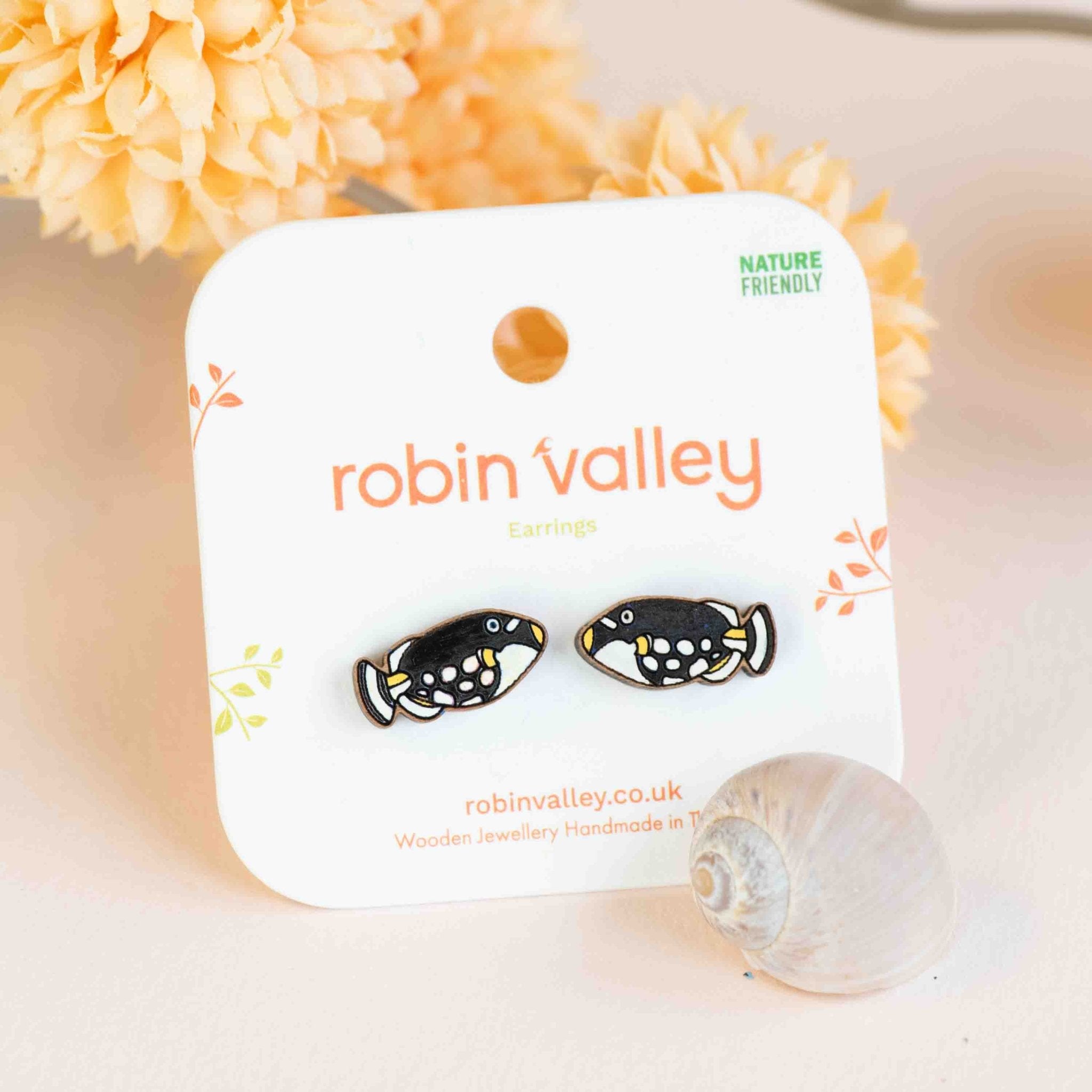 Hand - painted Clown Triggerfish Wooden Earrings - PES13125 - Robin Valley Official Store