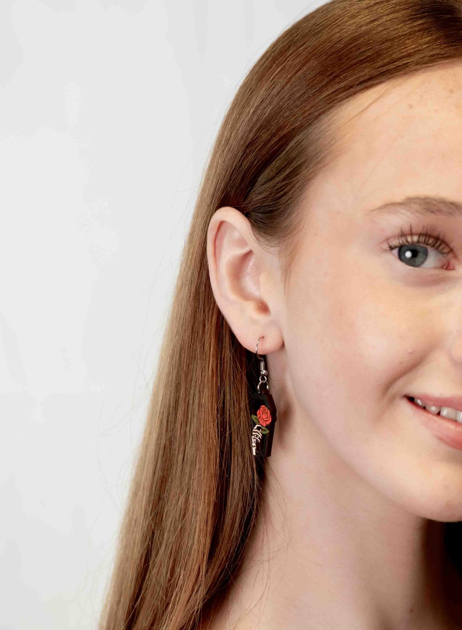 Hand - painted Coffin Hand Rose Wooden Hook Earrings - PET15483D - Robin Valley Official Store