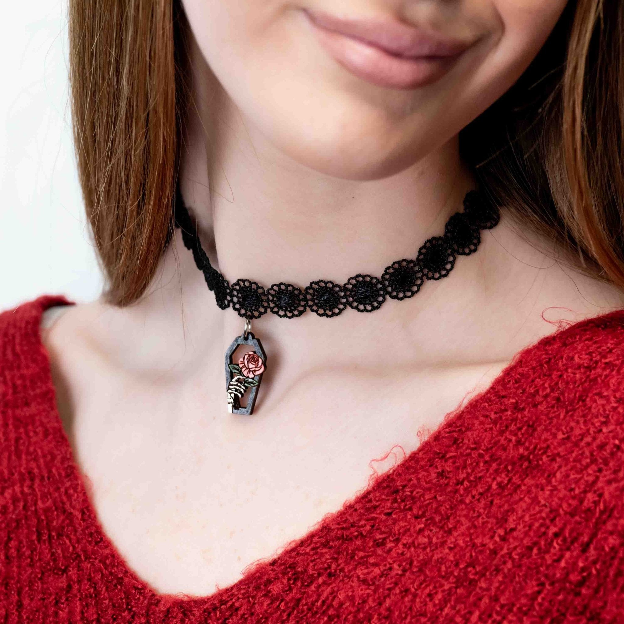 Hand Painted Coffin Rose Wooden Choker - CHT85483 - Robin Valley Official Store