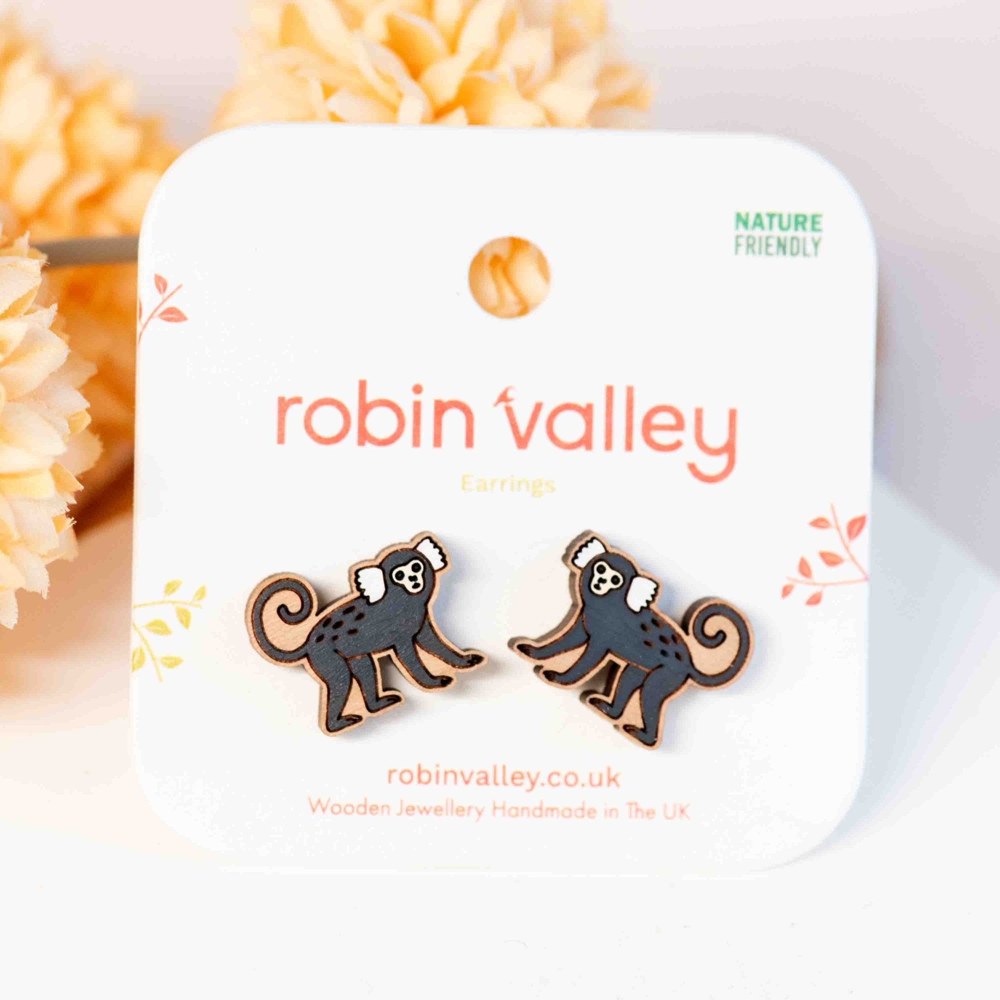 Hand - painted Common Marmoset Monkey Wooden Stud Earrings - PEL10474 - Robin Valley Official Store