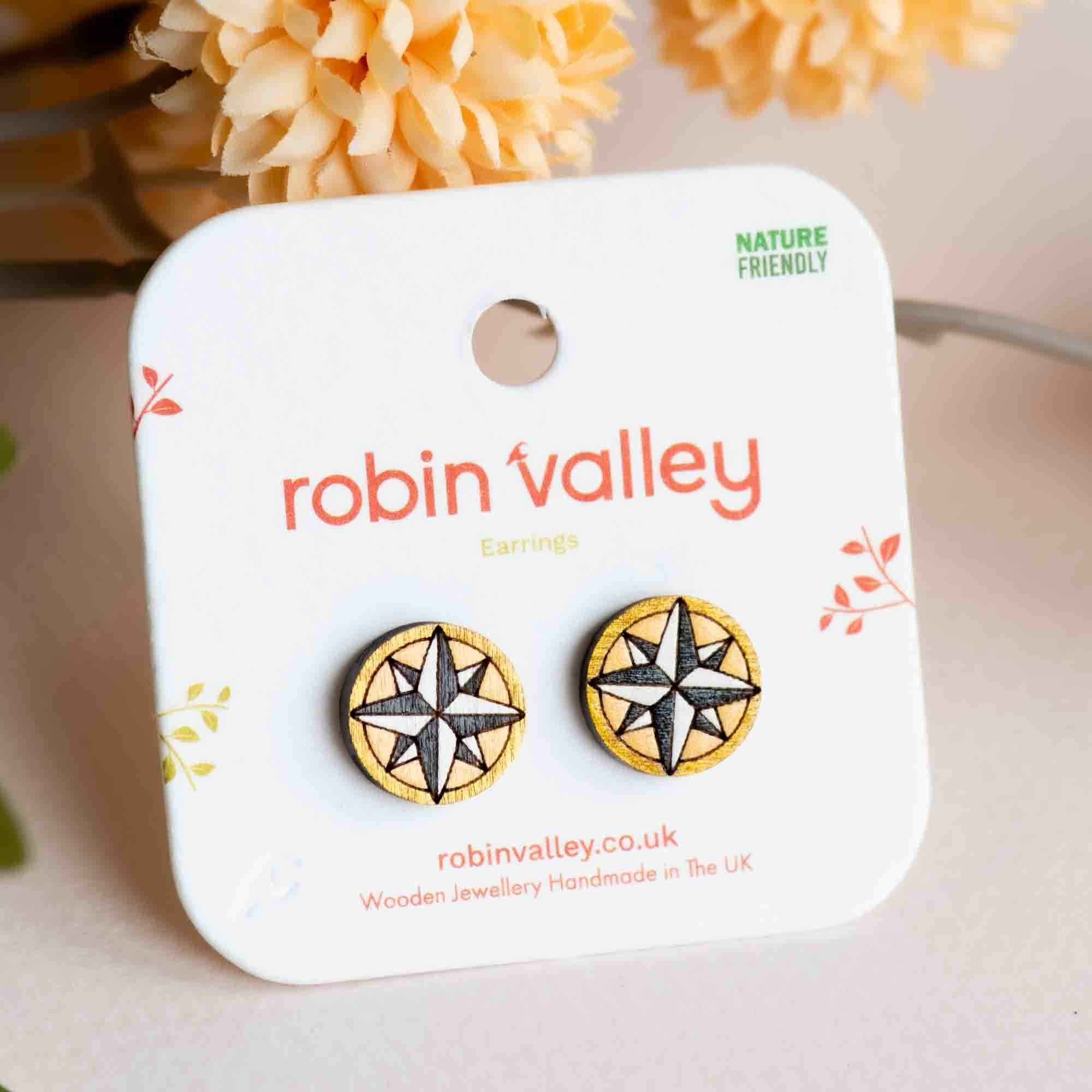 Hand - painted Compass Wooden Stud Earrings - PET15340 - Robin Valley Official Store