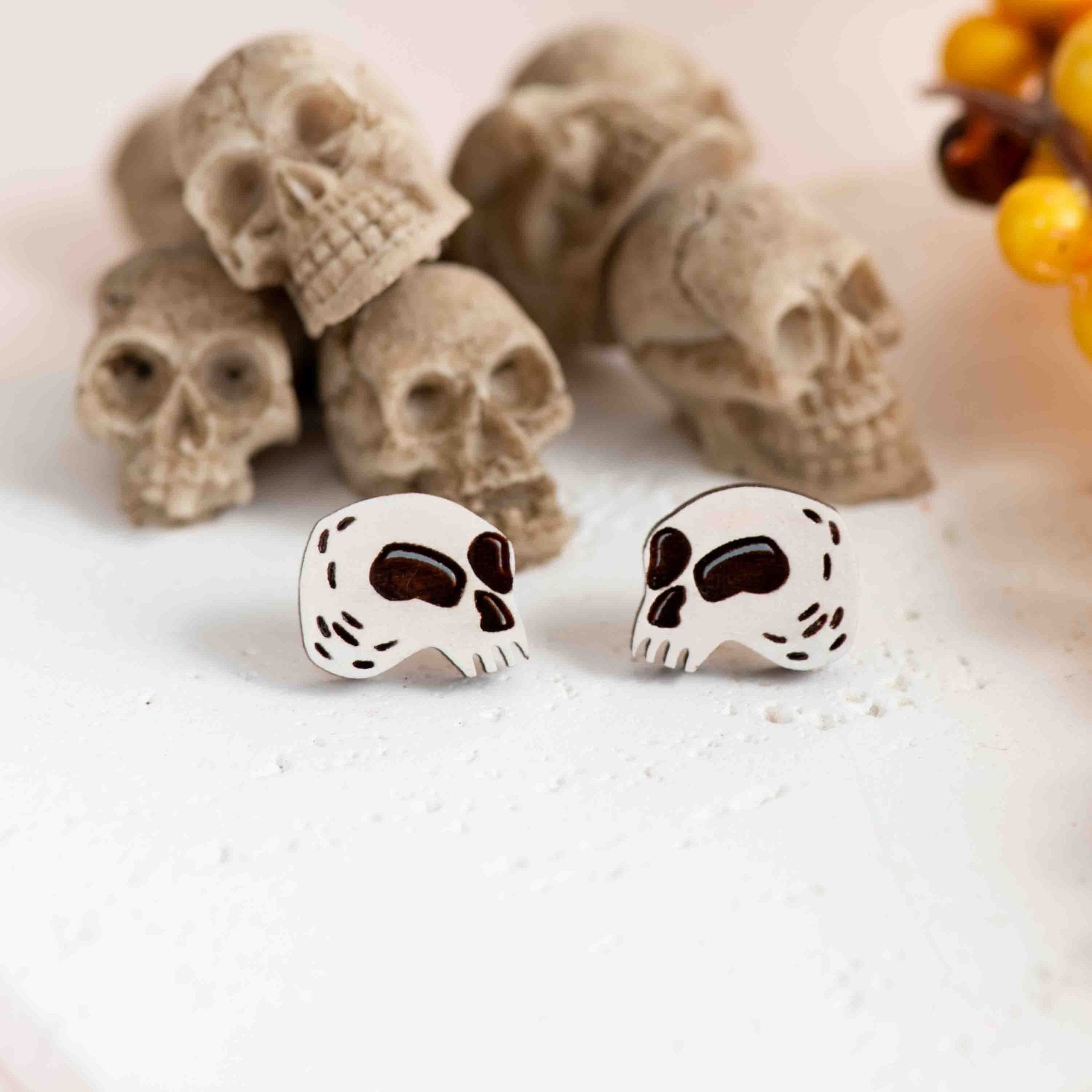Hand - painted Creepy Skull Wooden Stud Earrings - PET15492 - Robin Valley Official Store