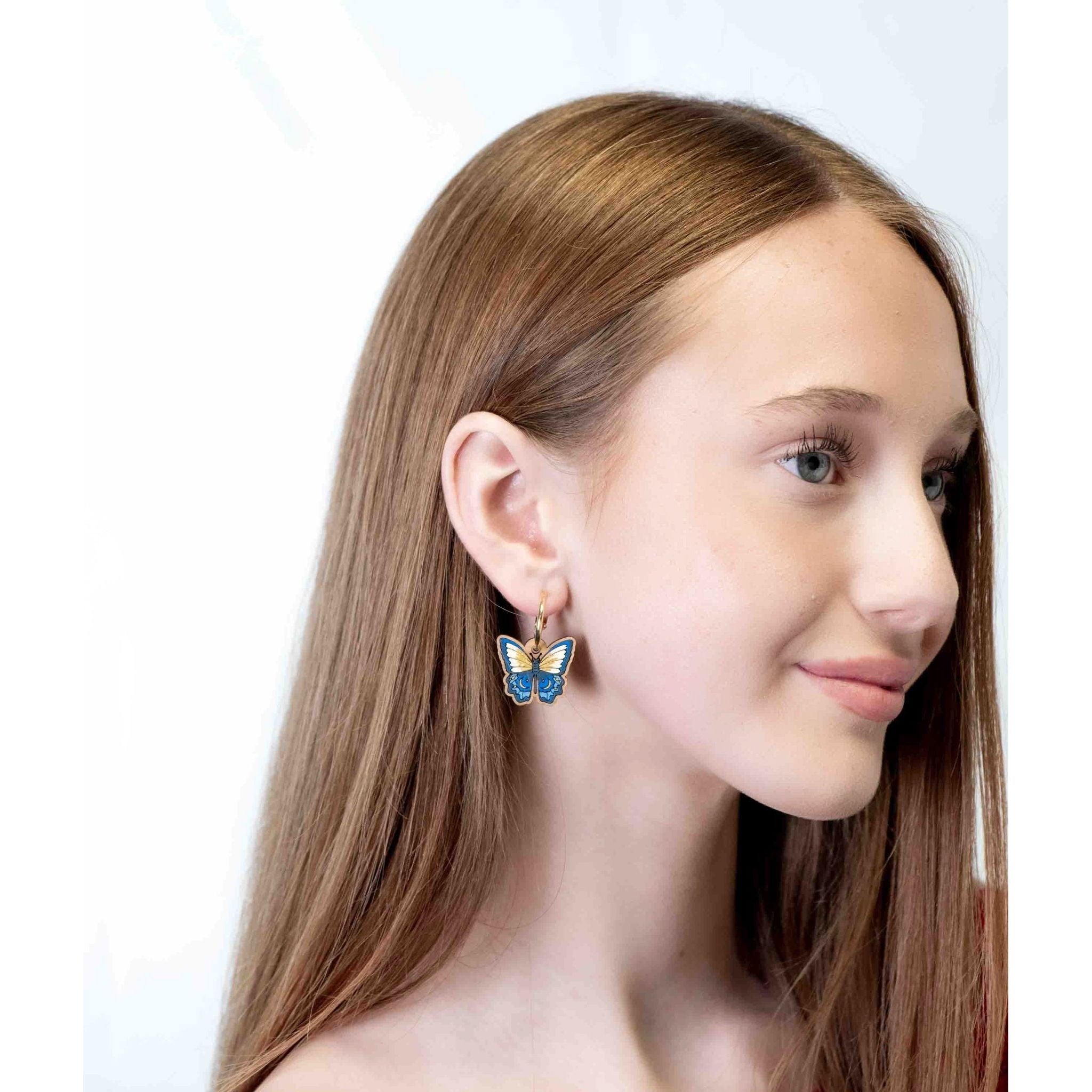 Hand - painted Crescent Butterfly Wooden Hoop Earrings - PEO14268H - Robin Valley Official Store