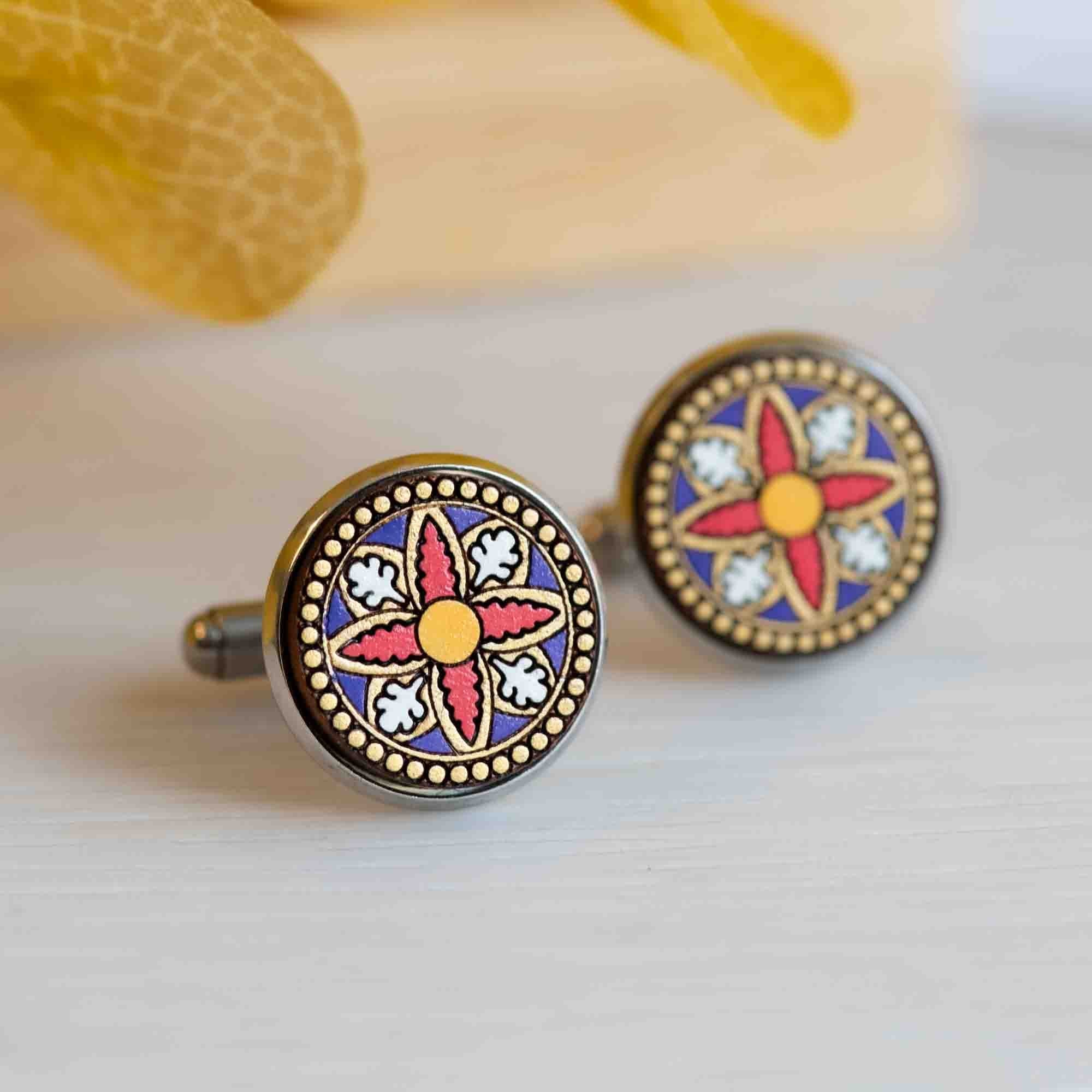 Hand - painted Cross Patterned Wooden Cufflinks - CT35310 - Robin Valley Official Store