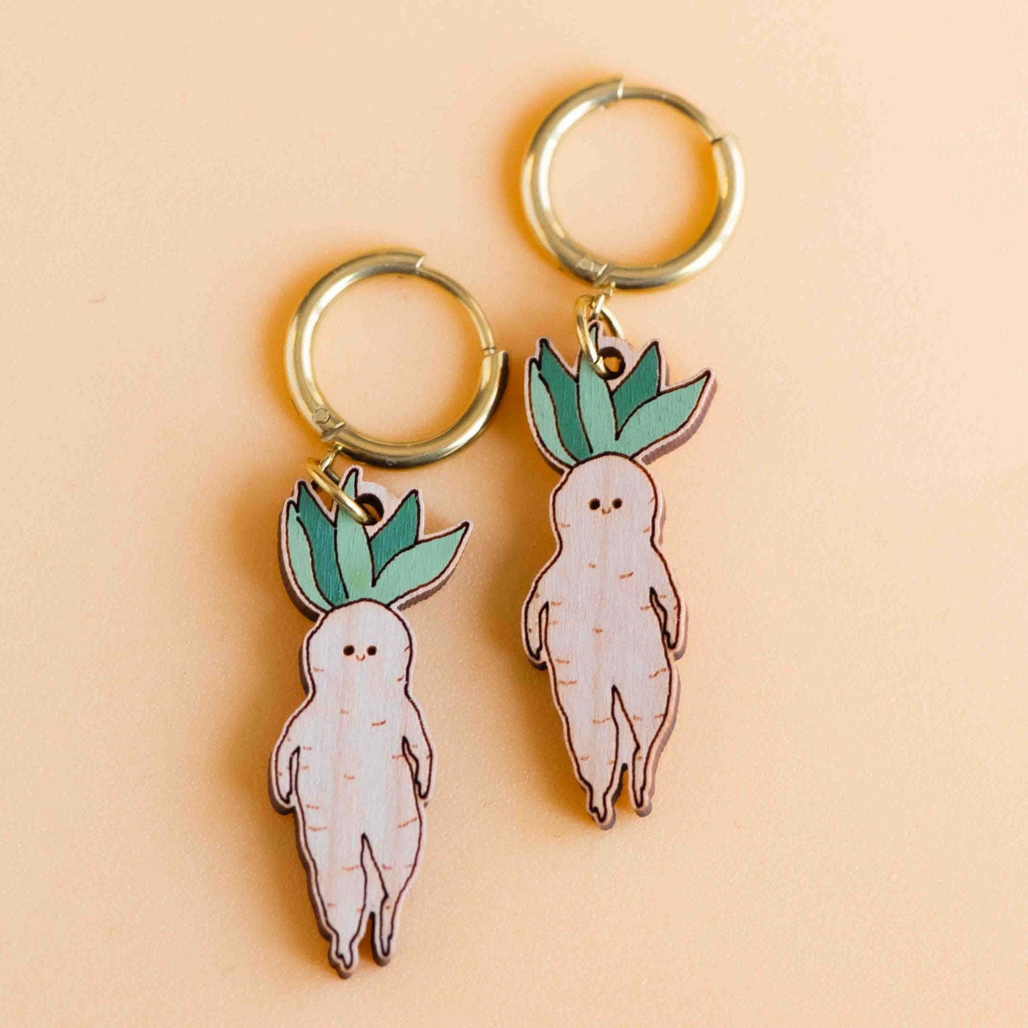 Hand - painted Cute Baby Mandrake Wooden Hoop Earrings - PEO14247H - Robin Valley Official Store