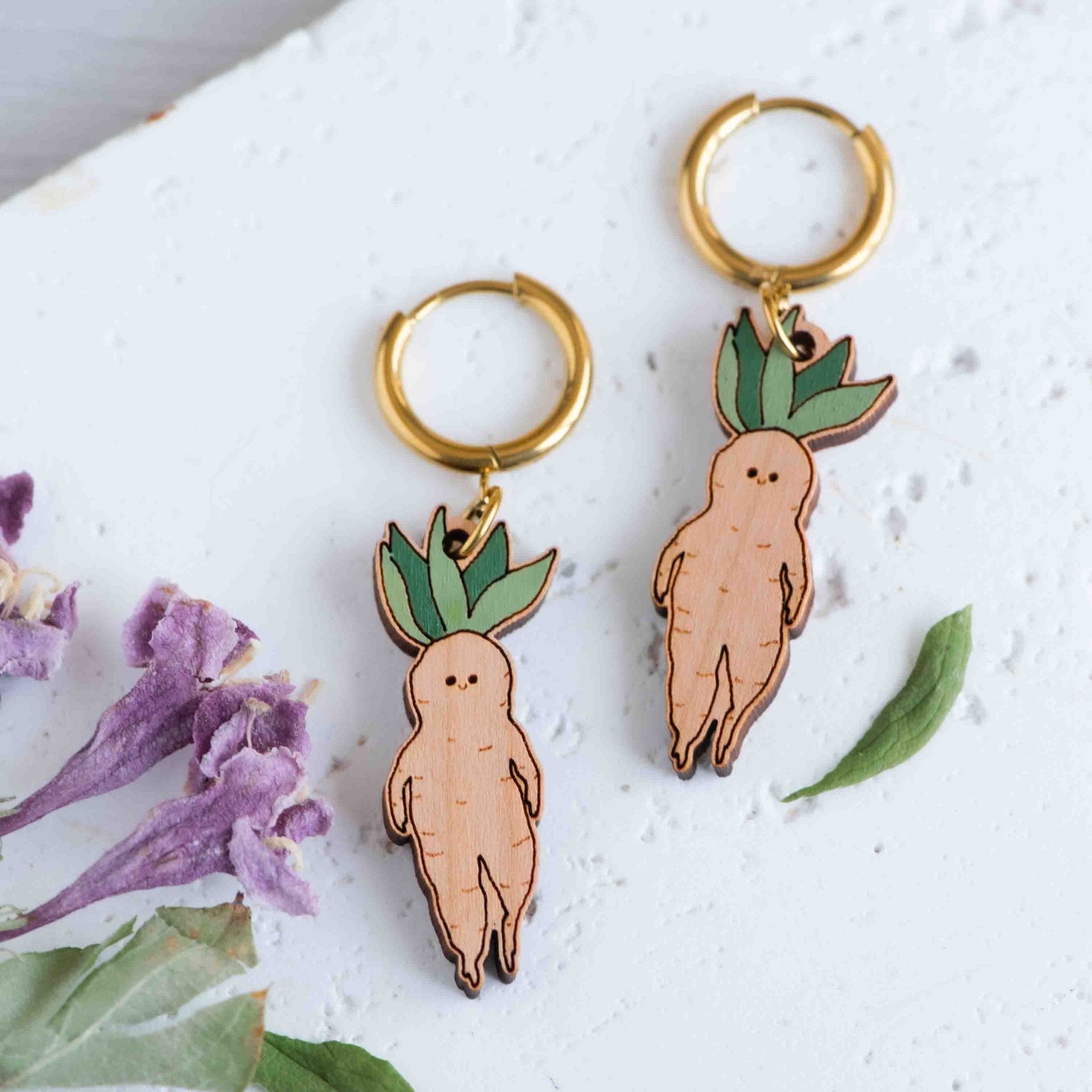 Hand - painted Cute Baby Mandrake Wooden Hoop Earrings - PEO14247H - Robin Valley Official Store