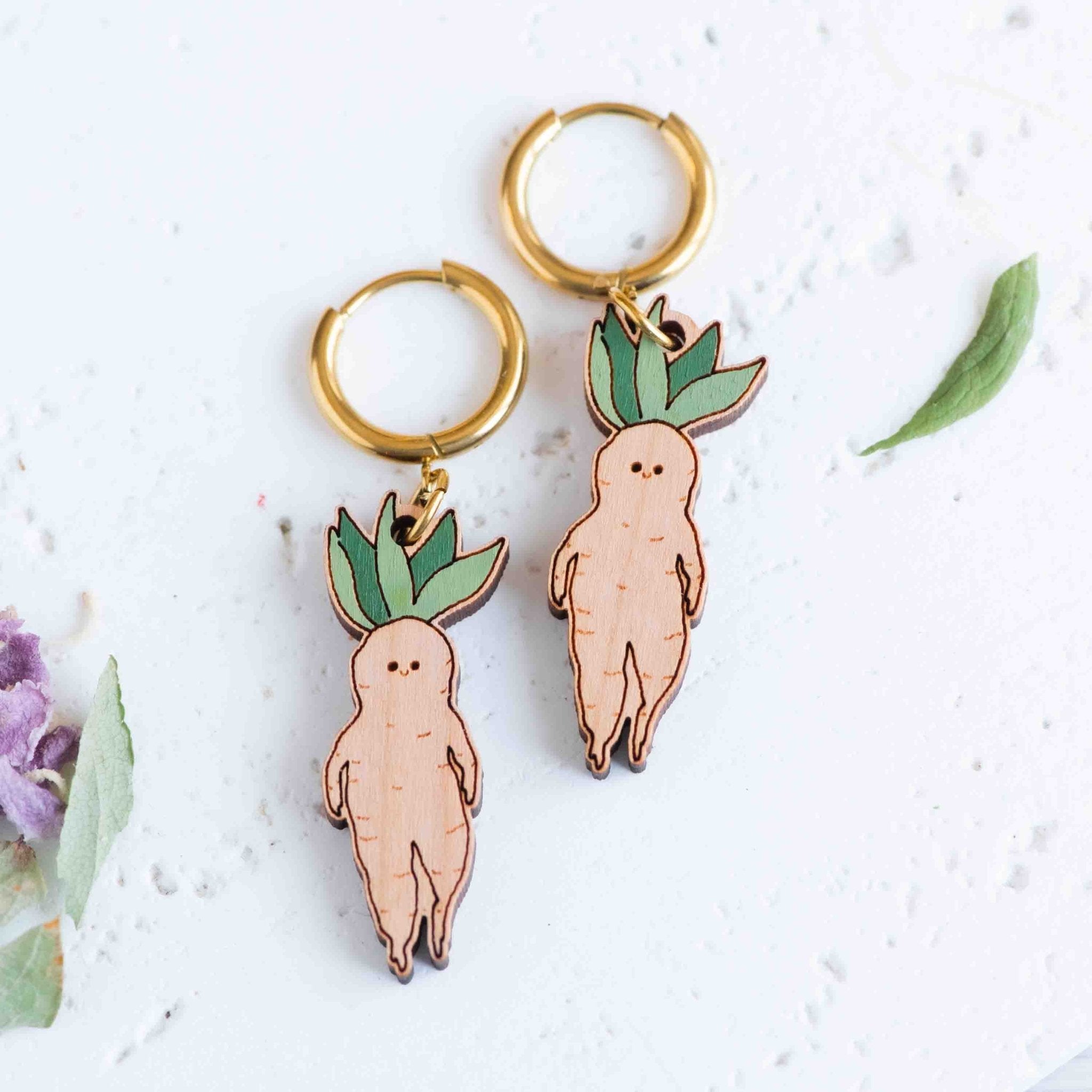 Hand - painted Cute Baby Mandrake Wooden Hoop Earrings - PEO14247H - Robin Valley Official Store