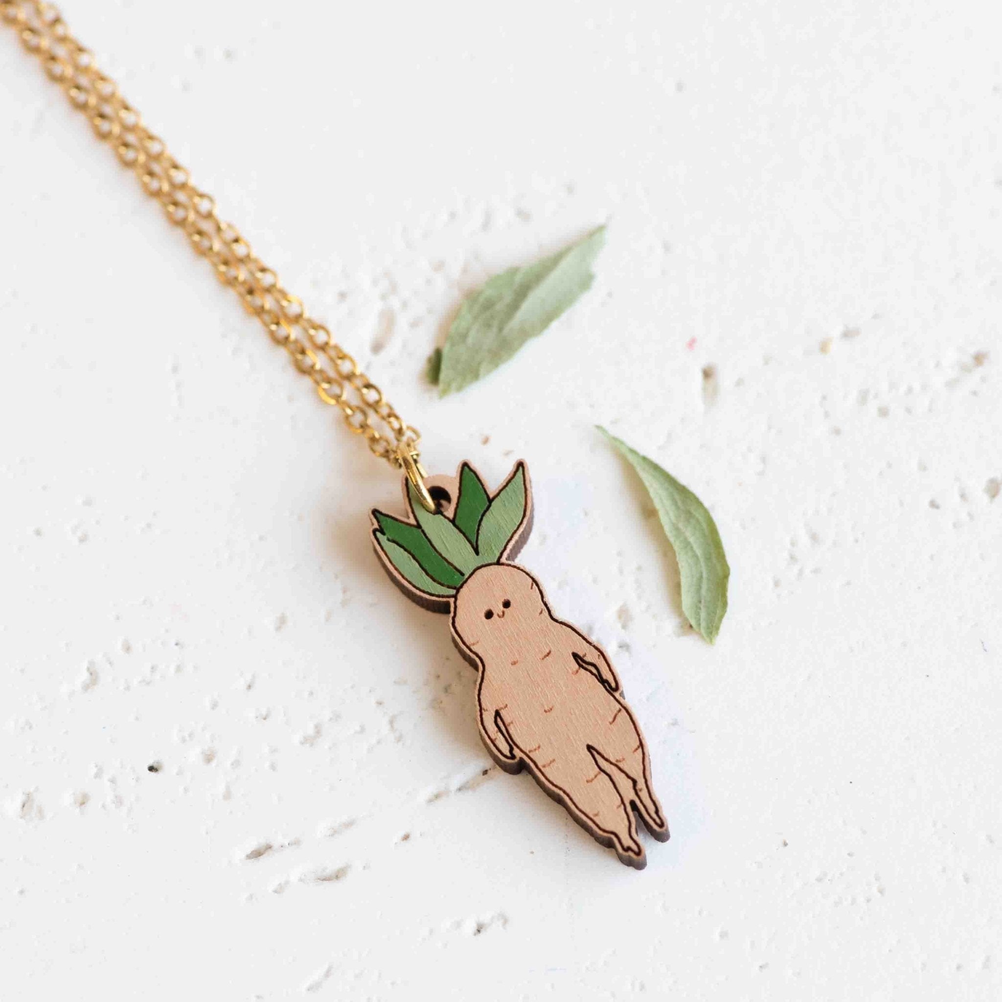 Hand-painted Cute Baby Mandrake Wooden Necklace - NO64247