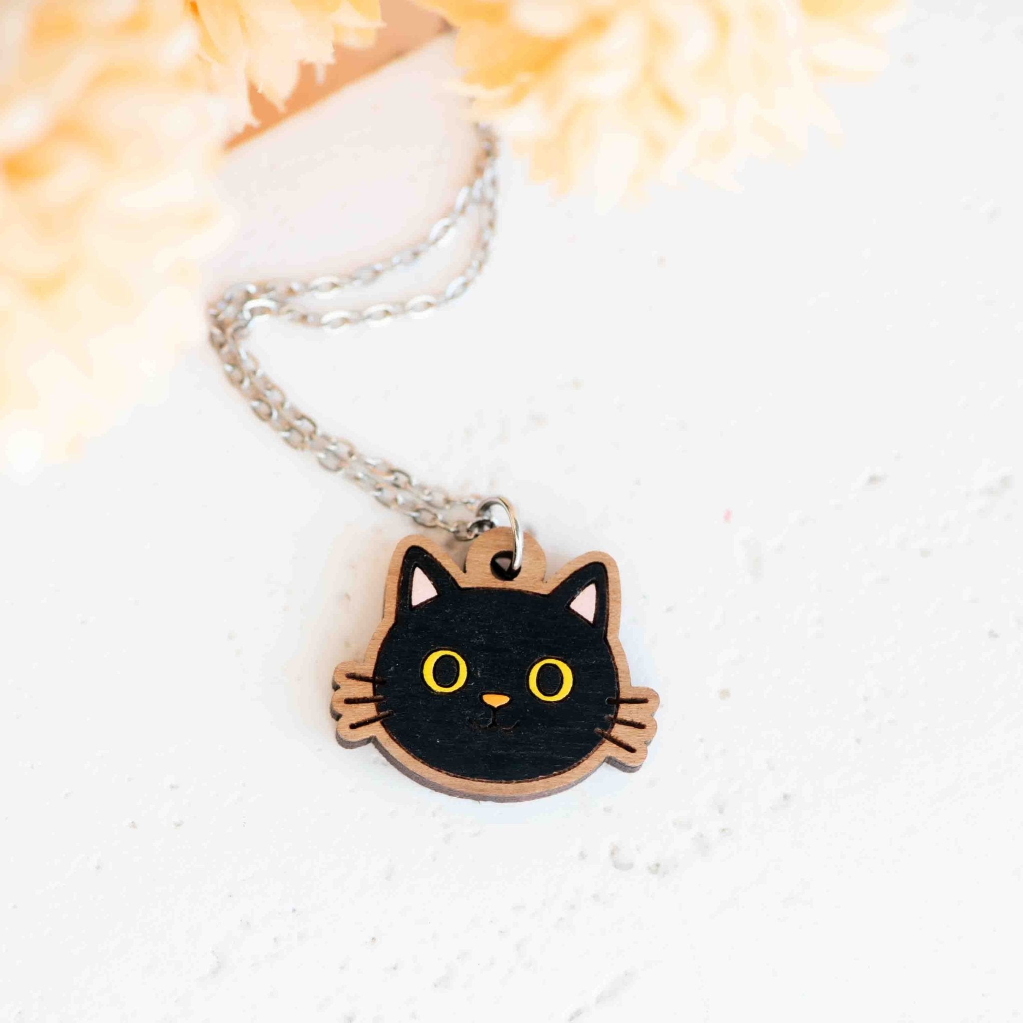 Hand Painted Cute Black Cat Face Wooden Necklace - NL60492 - Robin Valley Official Store