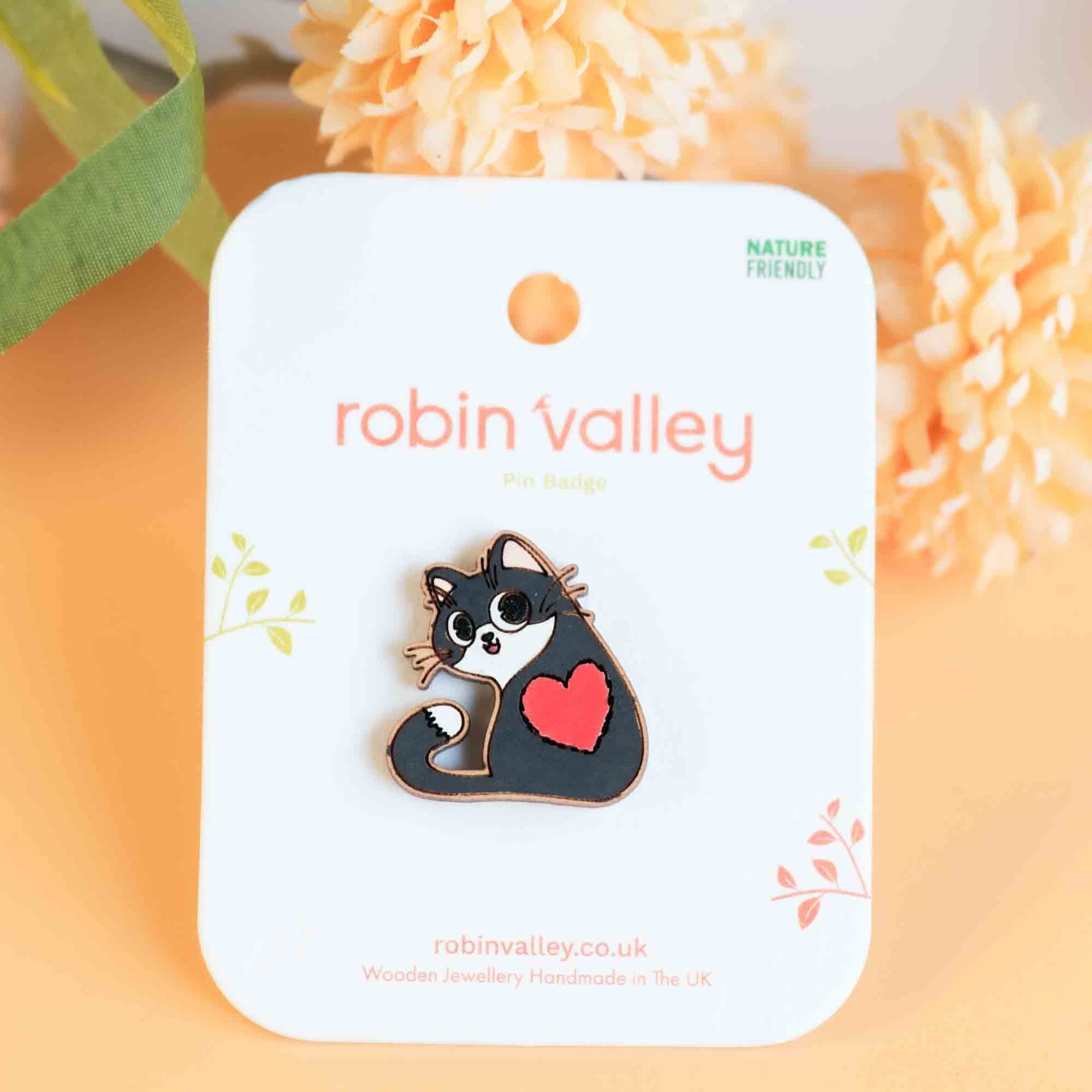Hand - painted Cute Black Cat Heart Wooden Pin Badge - PL40327 - Robin Valley Official Store