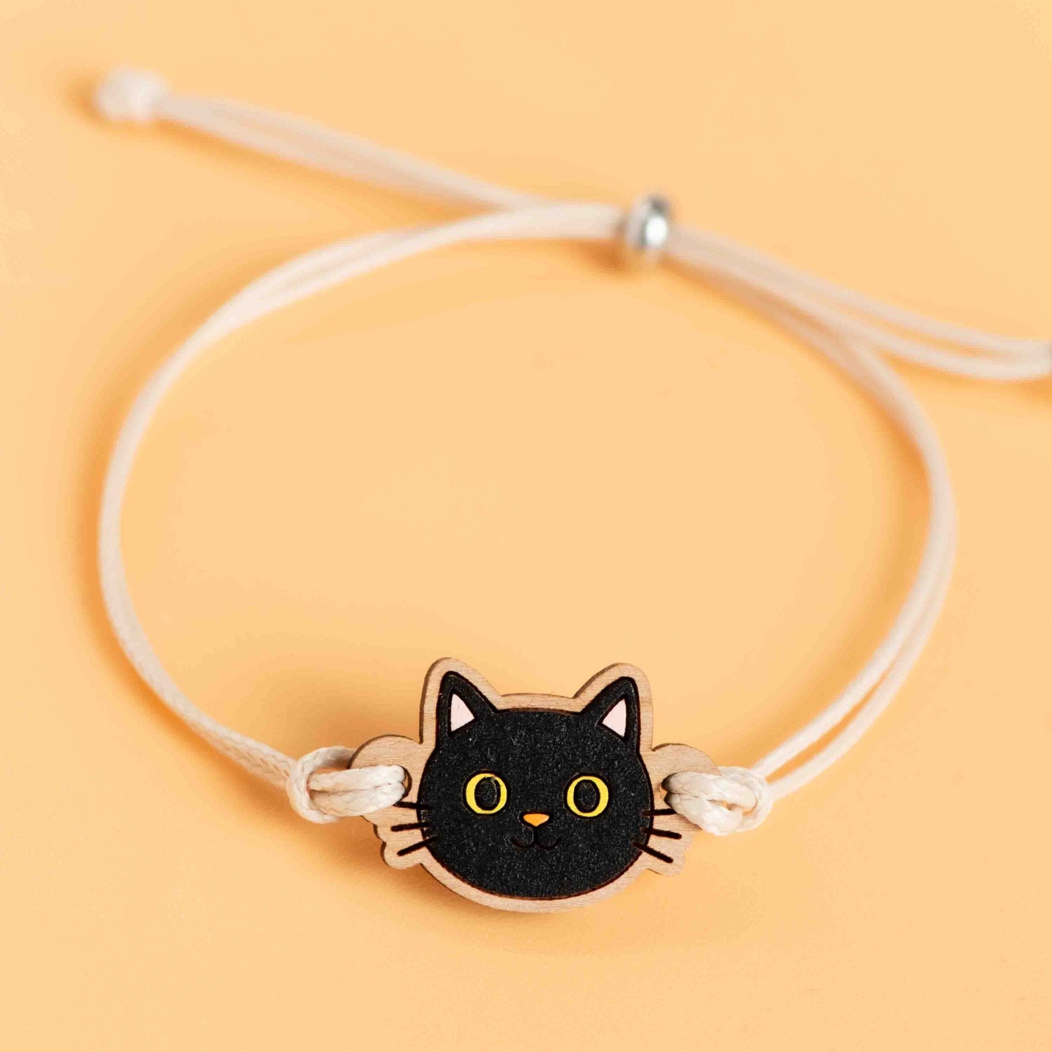 Hand - Painted Cute Black Cat Wooden Bracelet - BRL90492 - Robin Valley Official Store