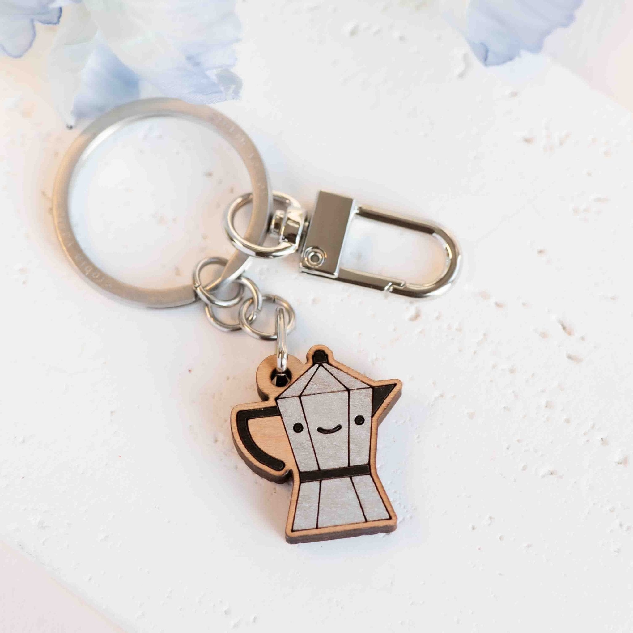Hand - painted Cute Coffee Kettle Wooden Keyring - KT25444 - Robin Valley Official Store