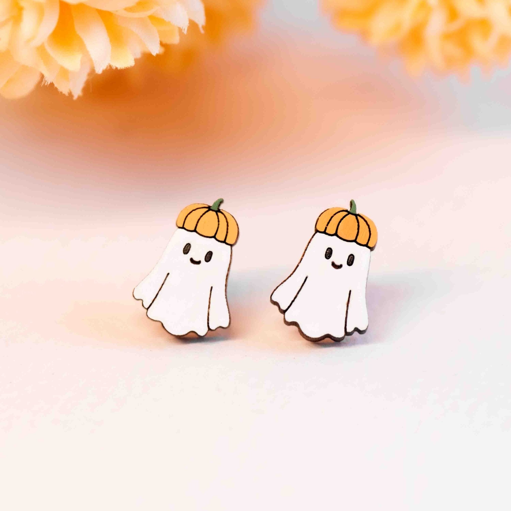 Hand - painted Cute Pumpkin Ghost Wooden Stud Earrings - PET15498 - Robin Valley Official Store