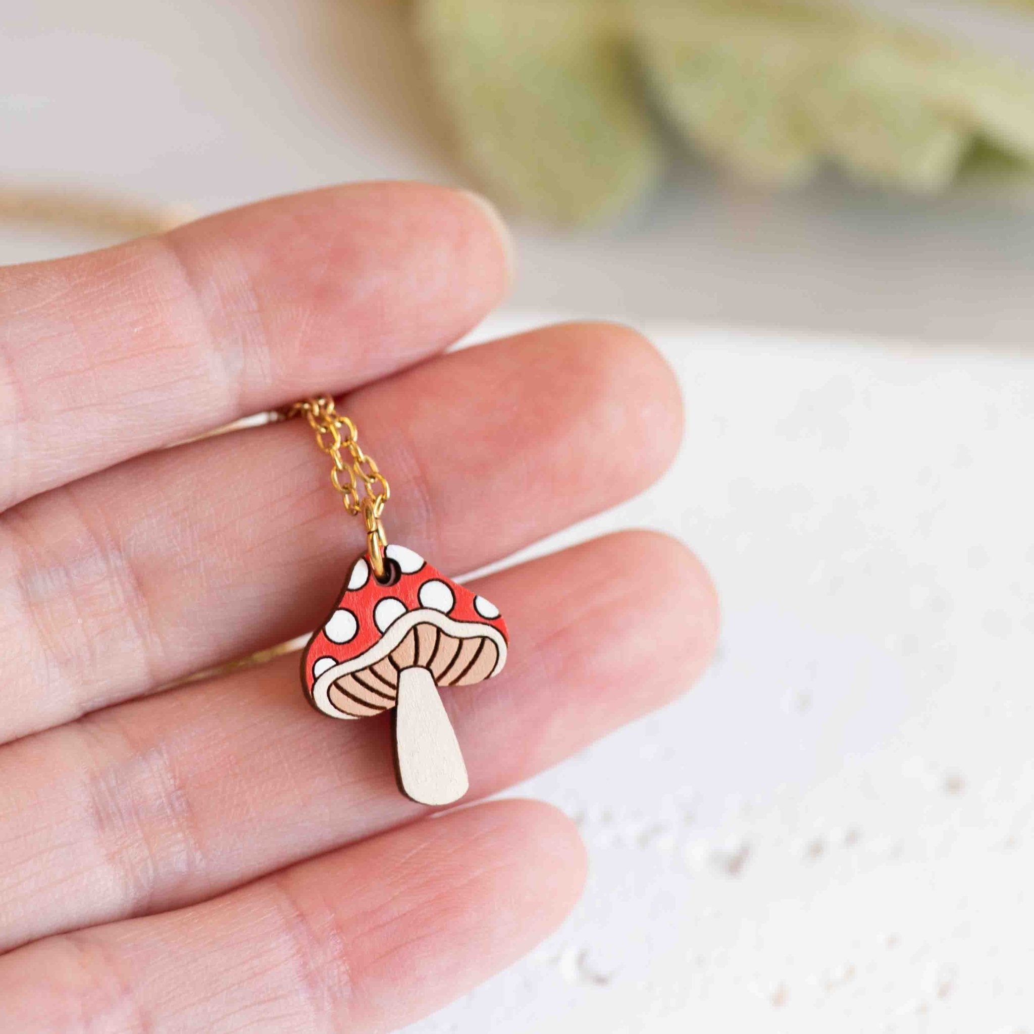 Hand Painted Cute Toadstool Wooden Necklace - NO64248 - Robin Valley Official Store