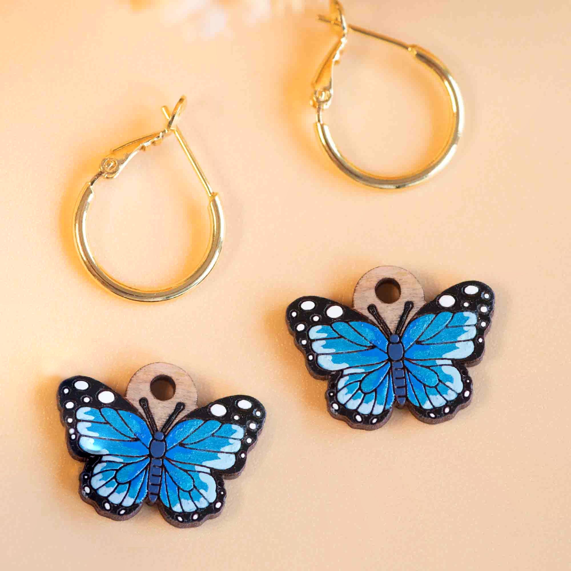 Hand - Painted Dark Blue Butterfly Hoop Earrings - PEO14127H - Robin Valley Official Store
