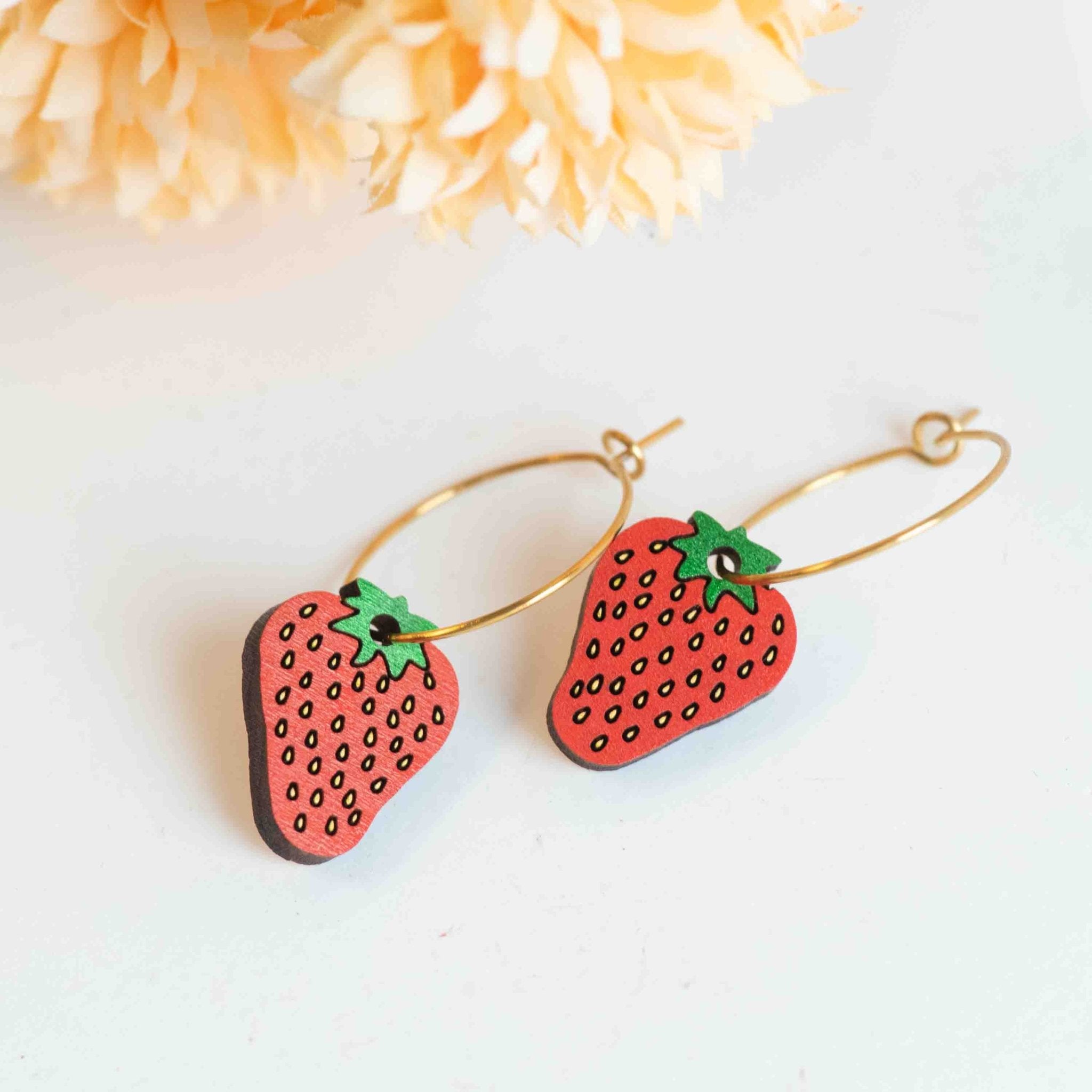 Hand - painted Delicate Strawberry Wooden Hoop Earrings - PEO14254H - Robin Valley Official Store