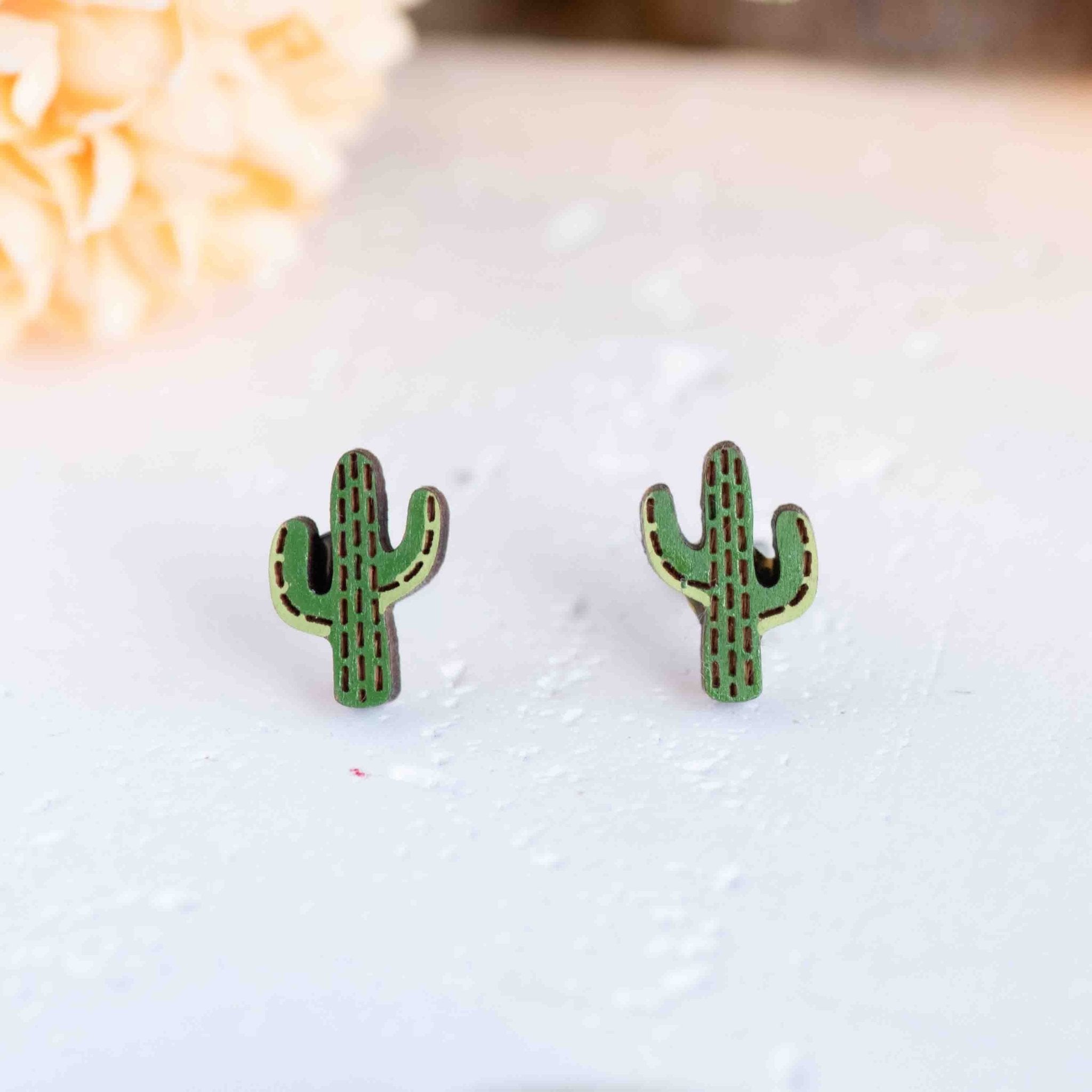 Hand - painted Desert Cactus Wooden Stud Earrings - PEO14049 - Robin Valley Official Store