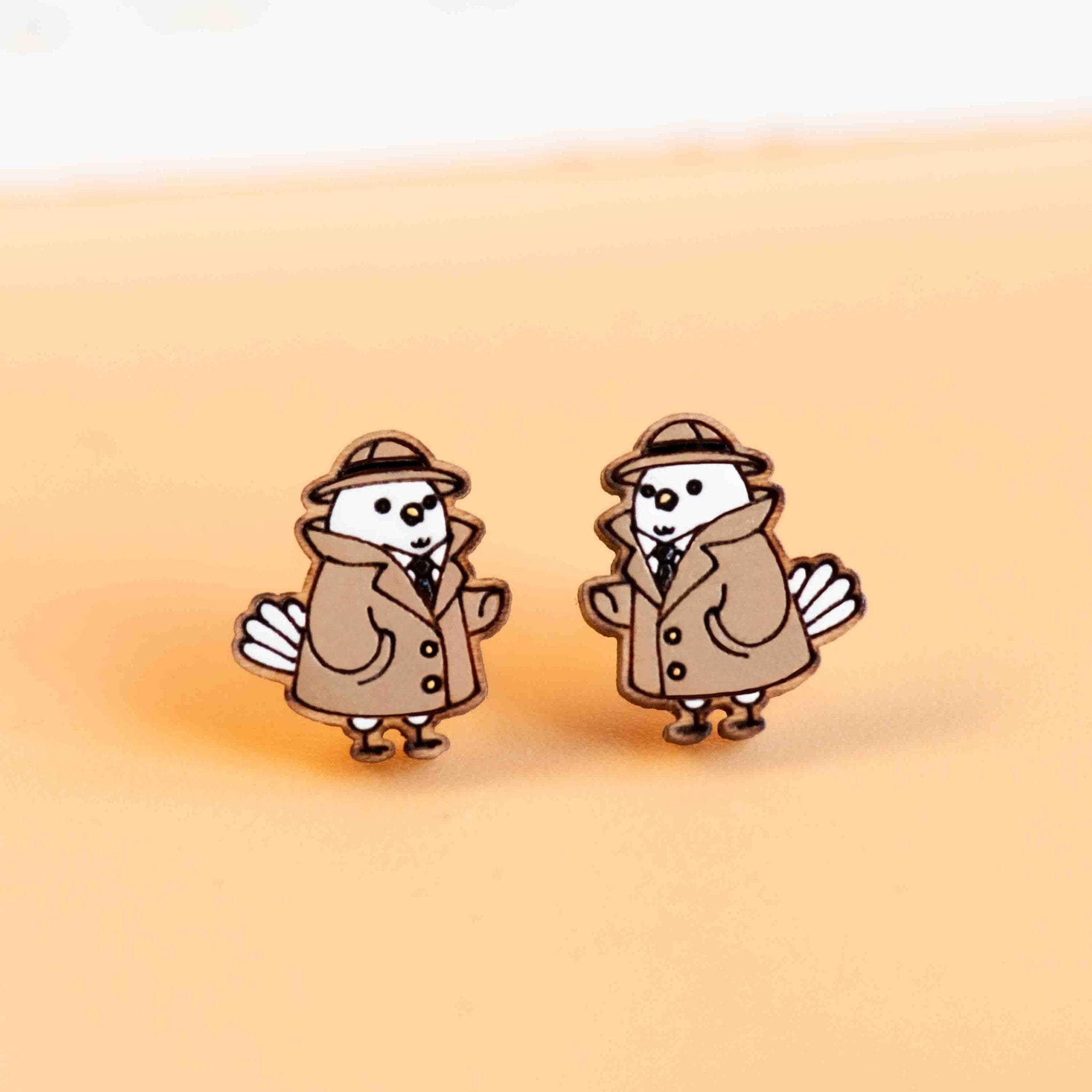 Hand - painted Detective Chicken Wooden Stud Earrings - PEB12091 - Robin Valley Official Store