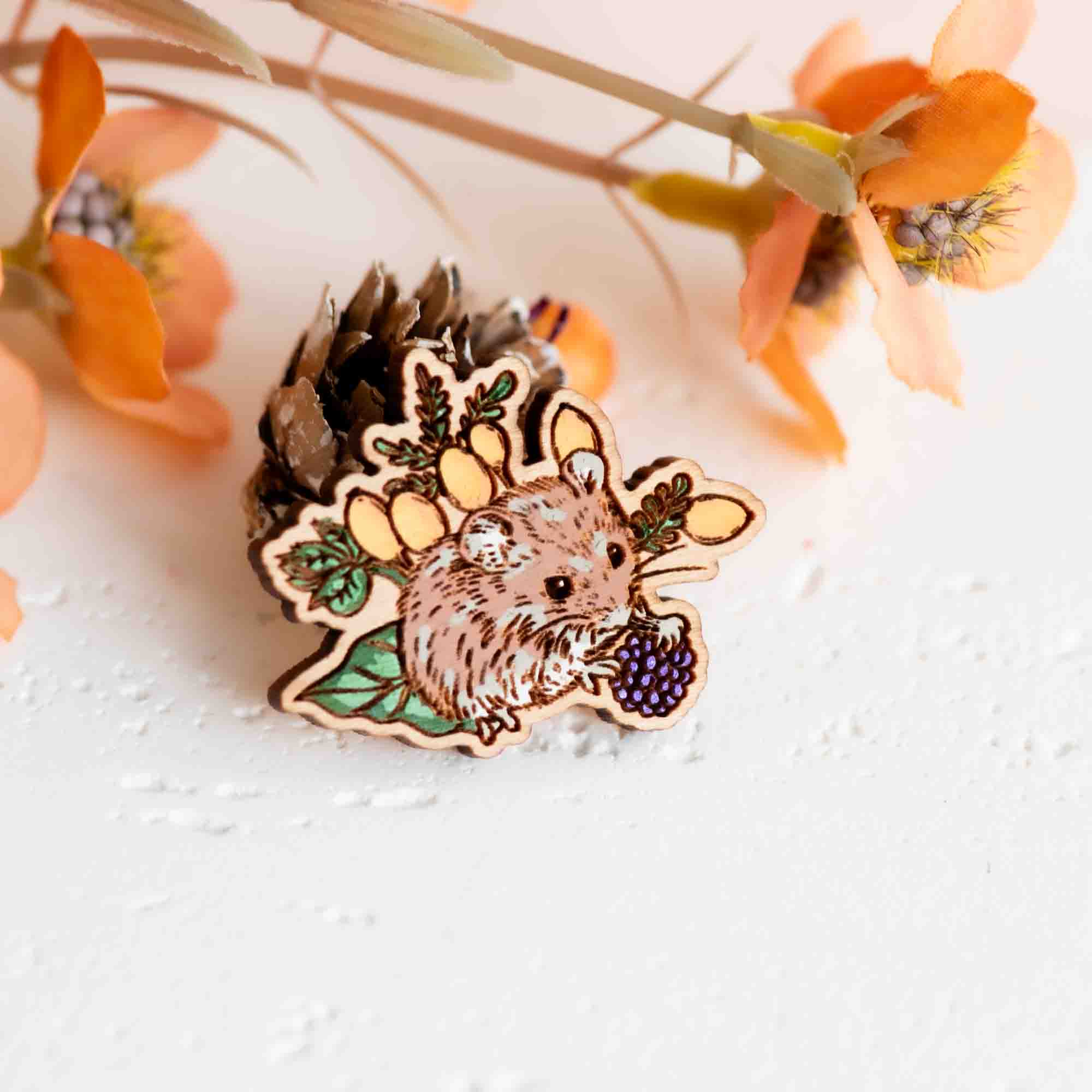 Hand - painted Dormouse with Berry Wooden Pin Badge - PL40340 - Robin Valley Official Store