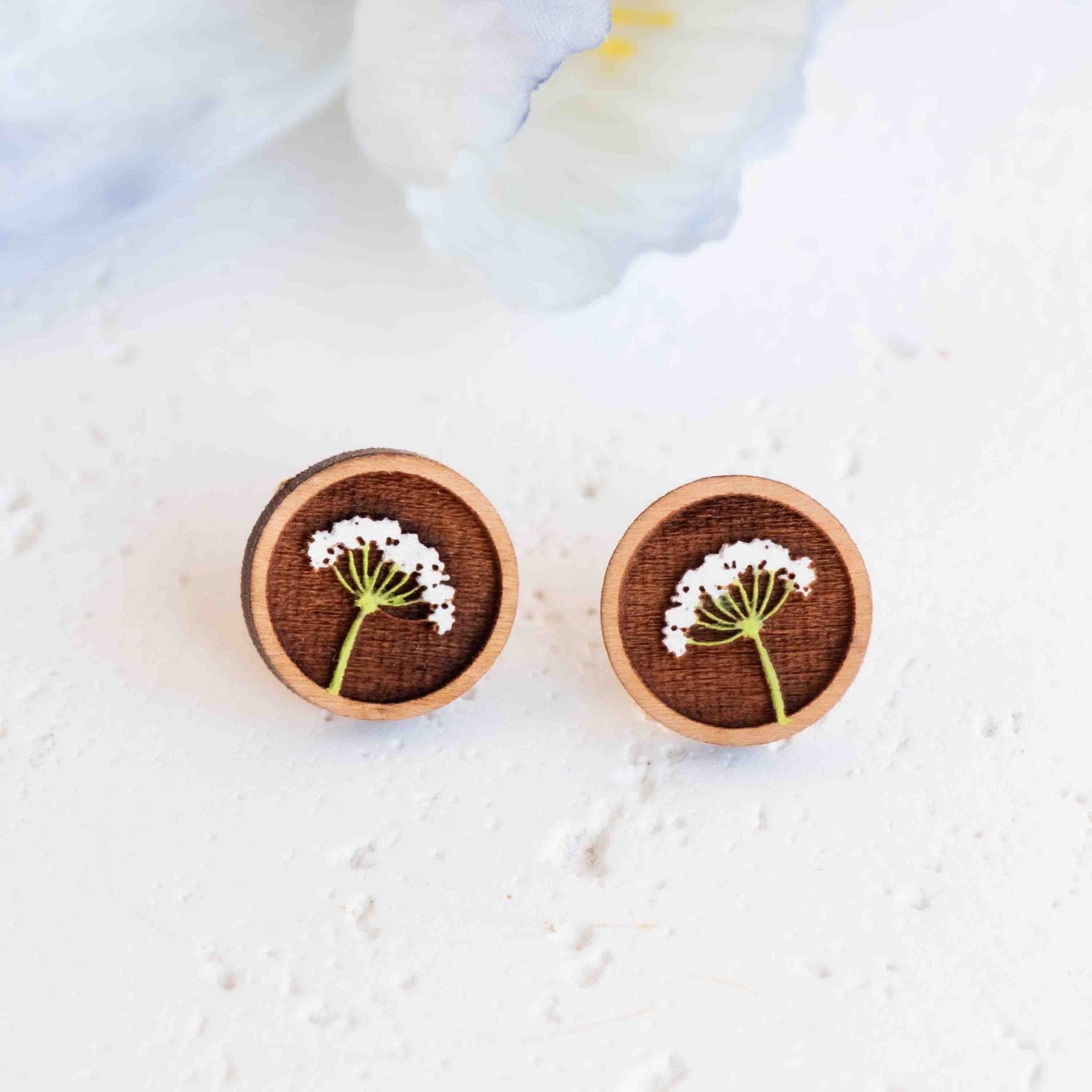 Hand - painted Elegant Cow Parsley Stem Wooden Stud Earrings - PEO14241 - Robin Valley Official Store
