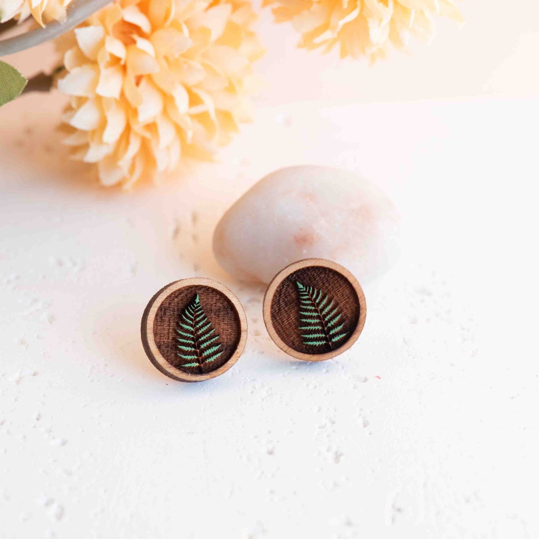 Hand - painted Elegant Fern Wooden Stud Earrings - PEO14242 - Robin Valley Official Store