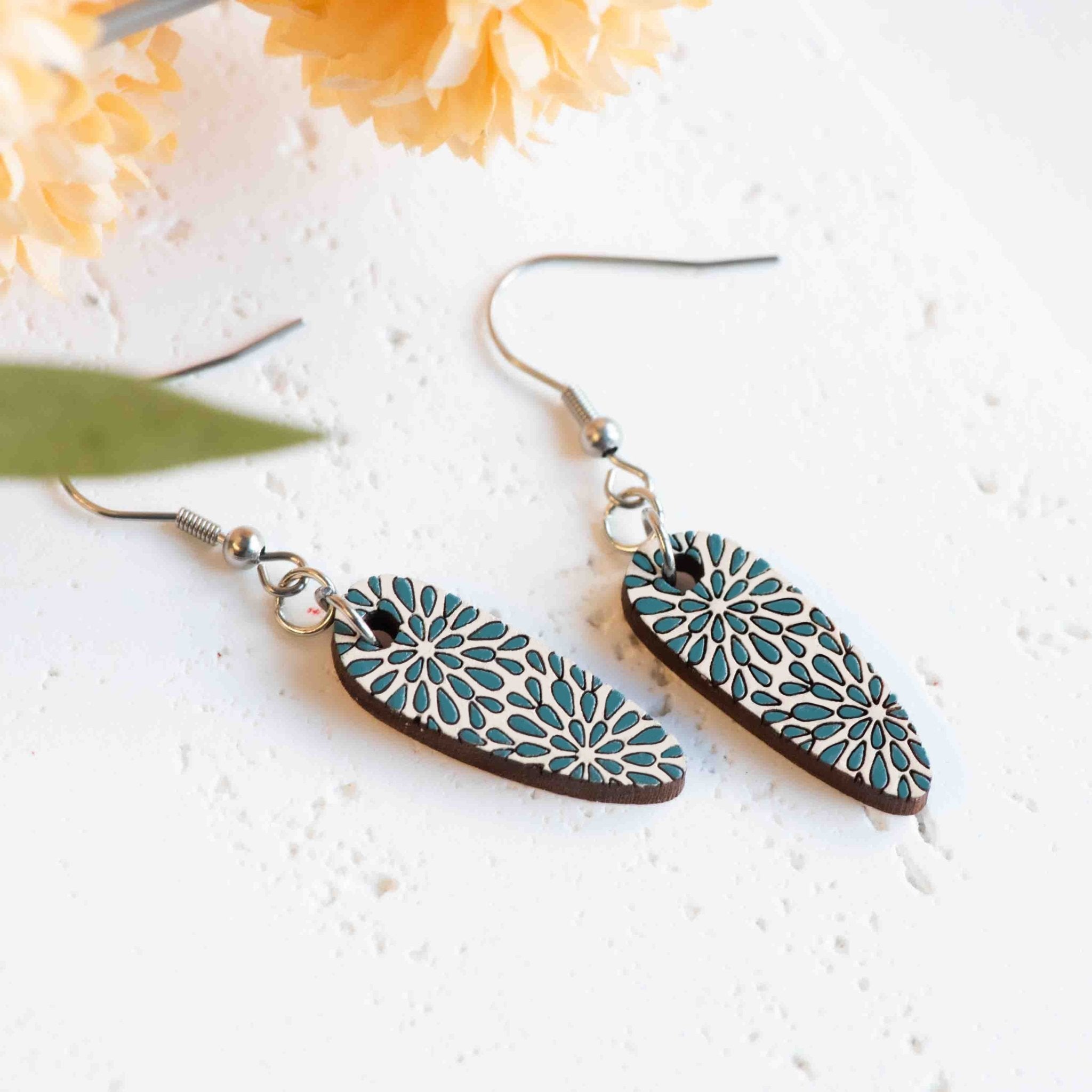 Hand - painted Elegant Turquoise Flower Hook Earrings - PET15437D - Robin Valley Official Store
