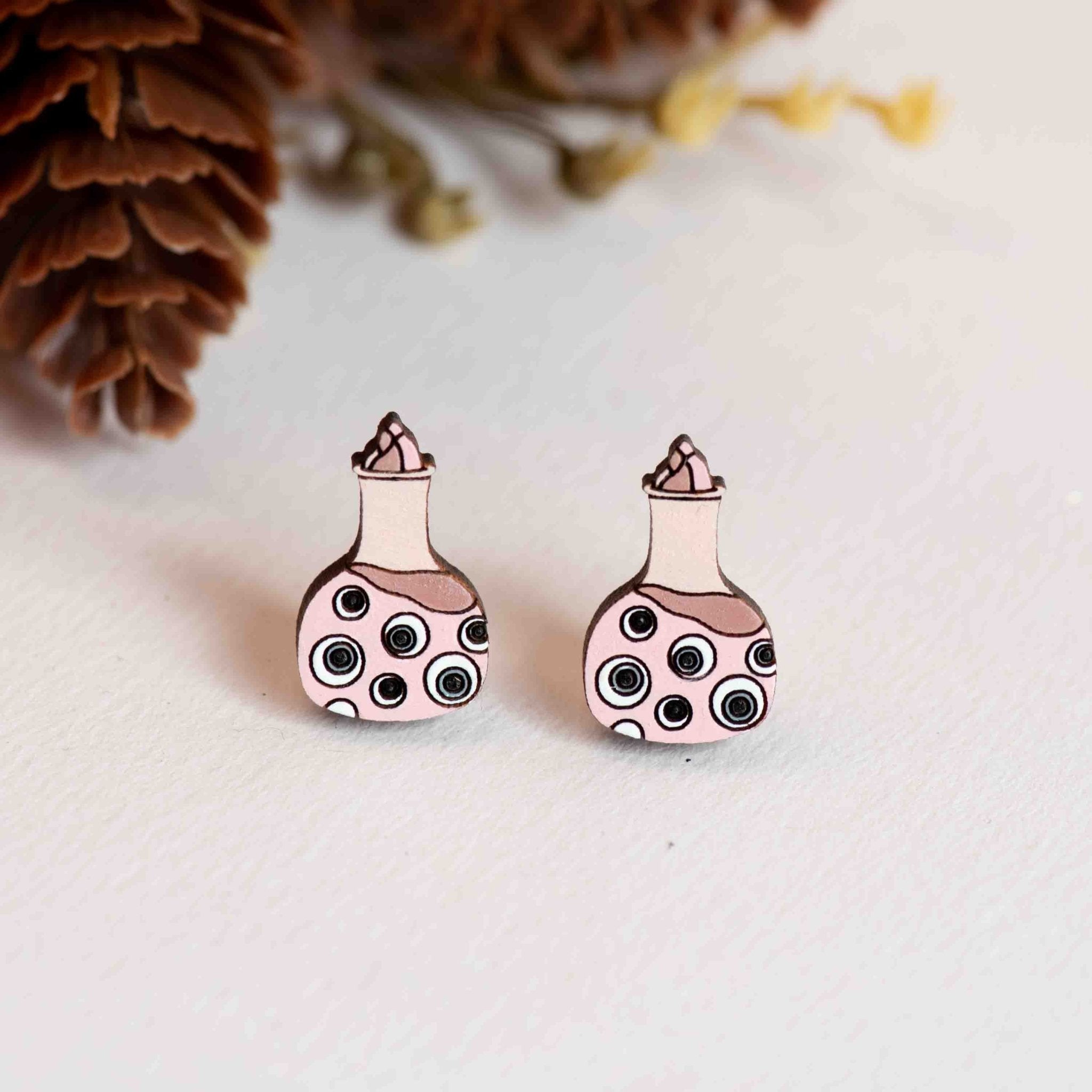 Hand - painted Eyeball Potion Wooden Stud Earrings - PET15489 - Robin Valley Official Store