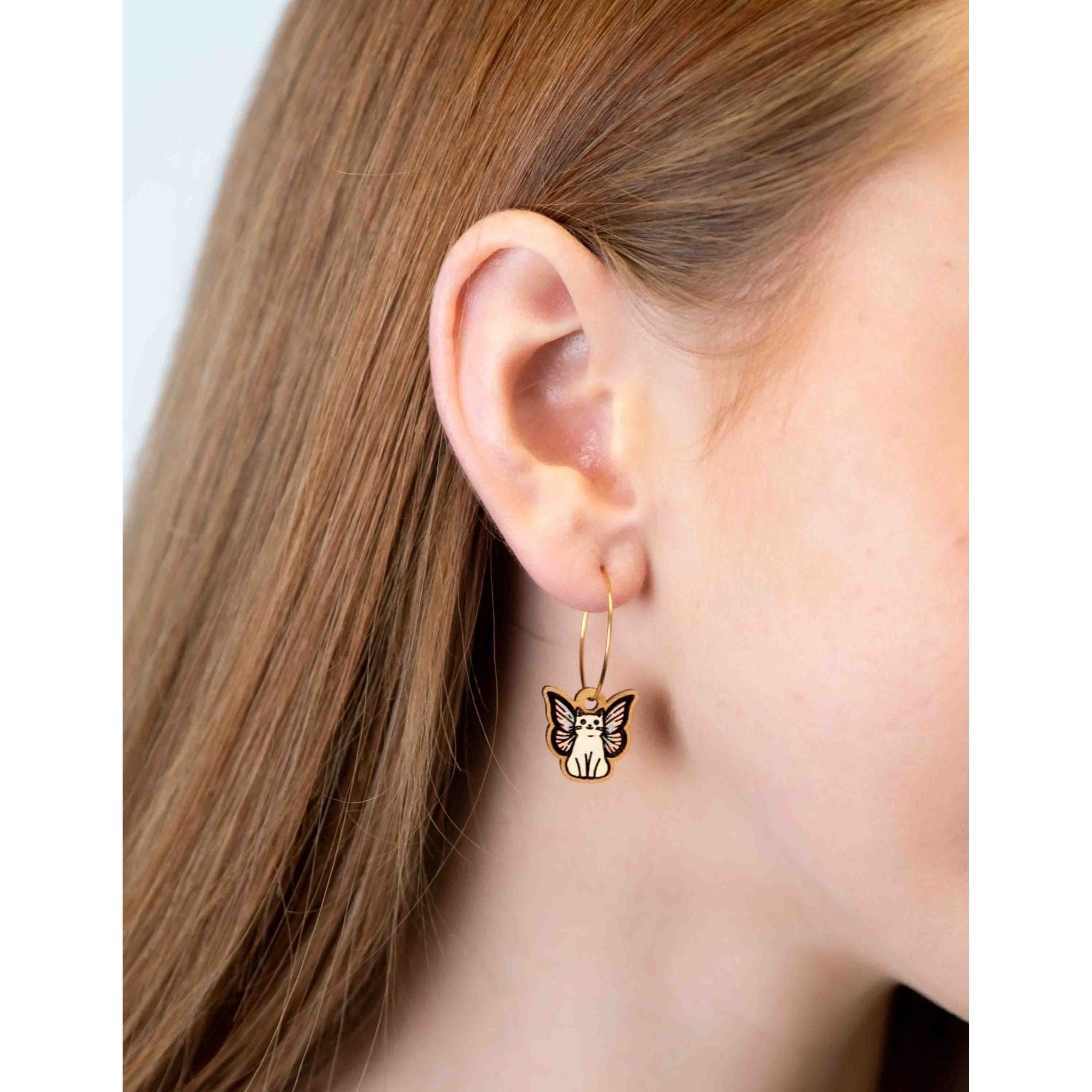 Hand - painted Fairy Cat Wooden Hoop Earrings - PEL10397HP - Robin Valley Official Store