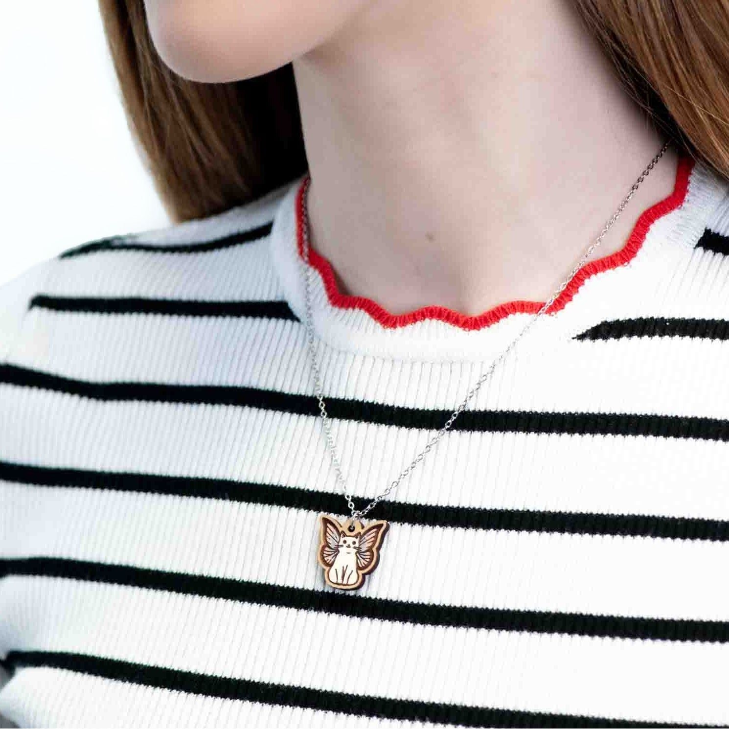 Hand Painted Fairy Cat Wooden Necklace - NL60397P - Robin Valley Official Store