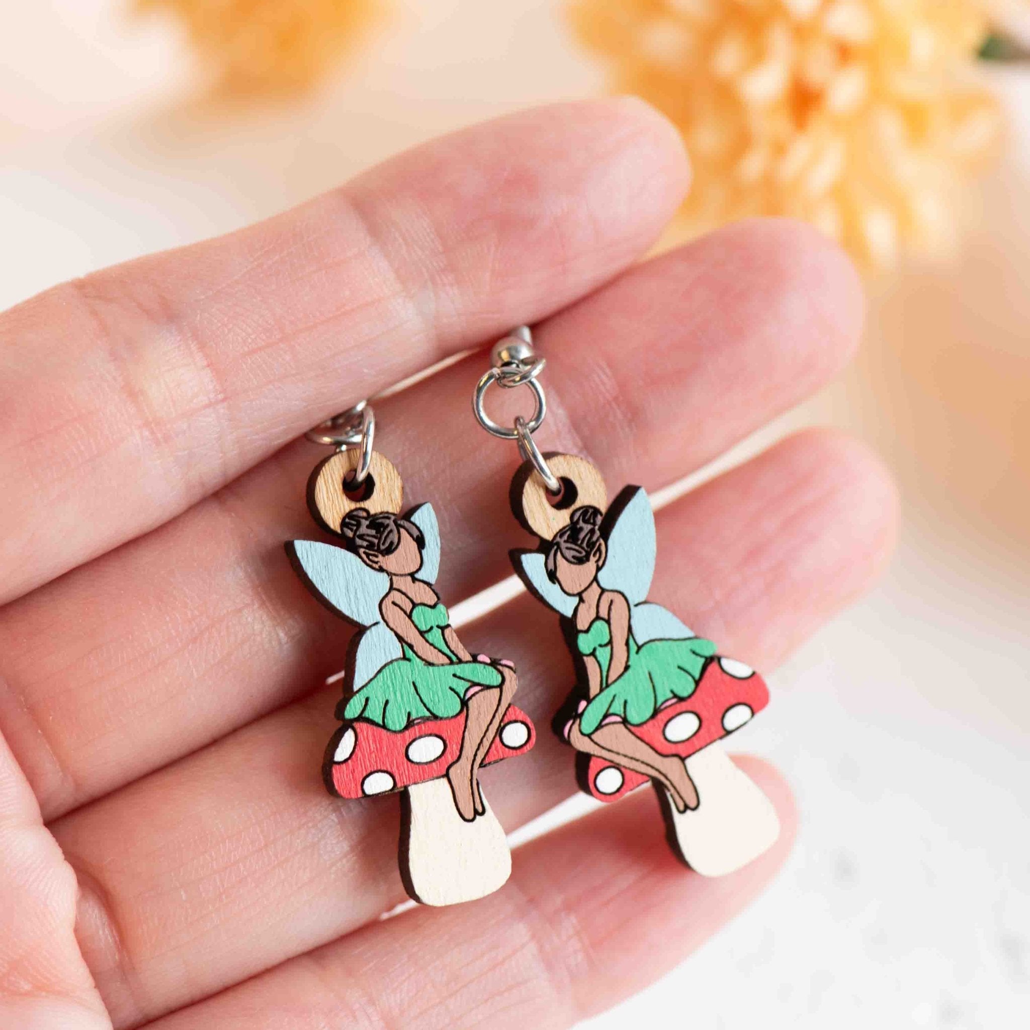 Hand - painted Fairy on Toadstool Hook Earrings - PEO14218D - Robin Valley Official Store