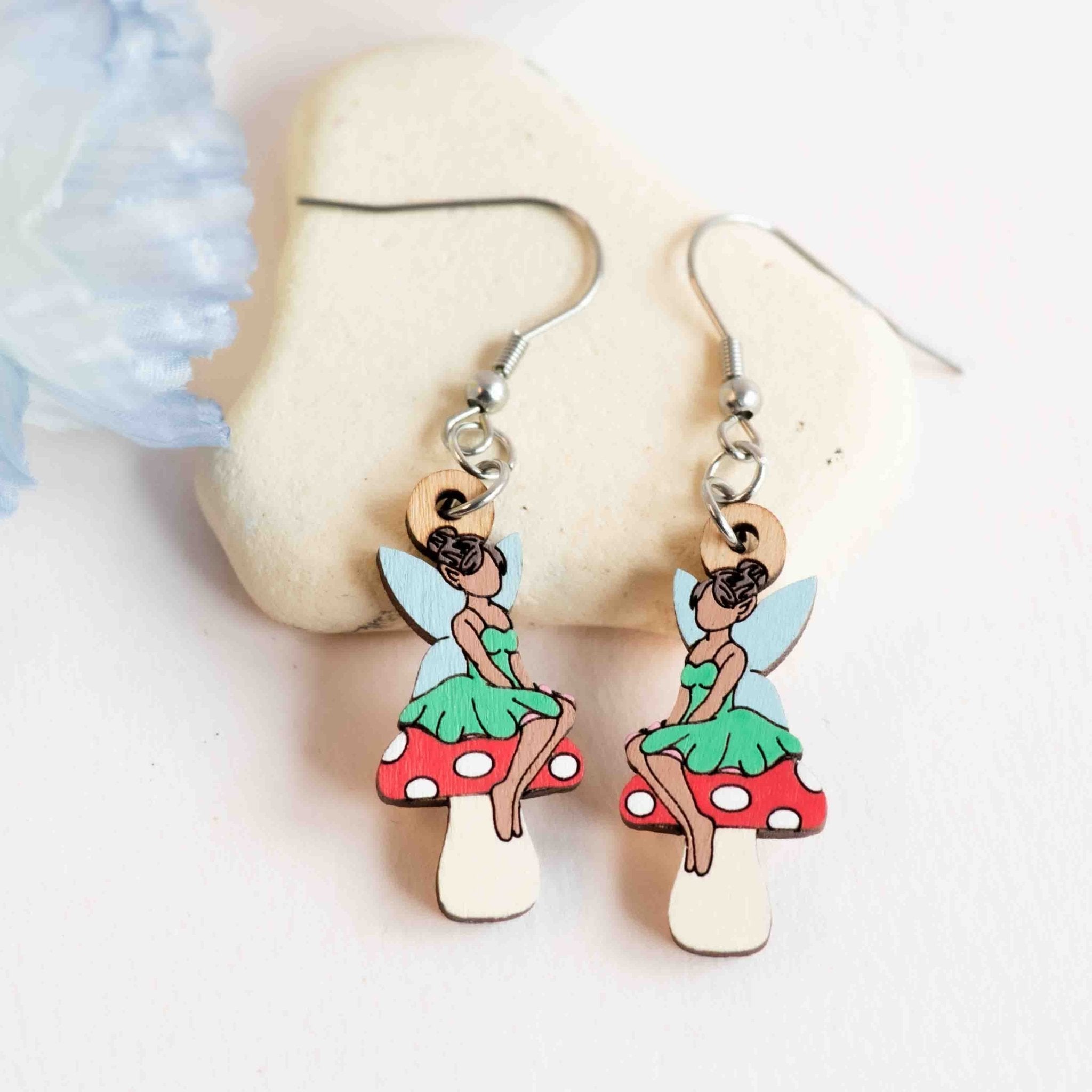 Hand - painted Fairy on Toadstool Hook Earrings - PEO14218D - Robin Valley Official Store