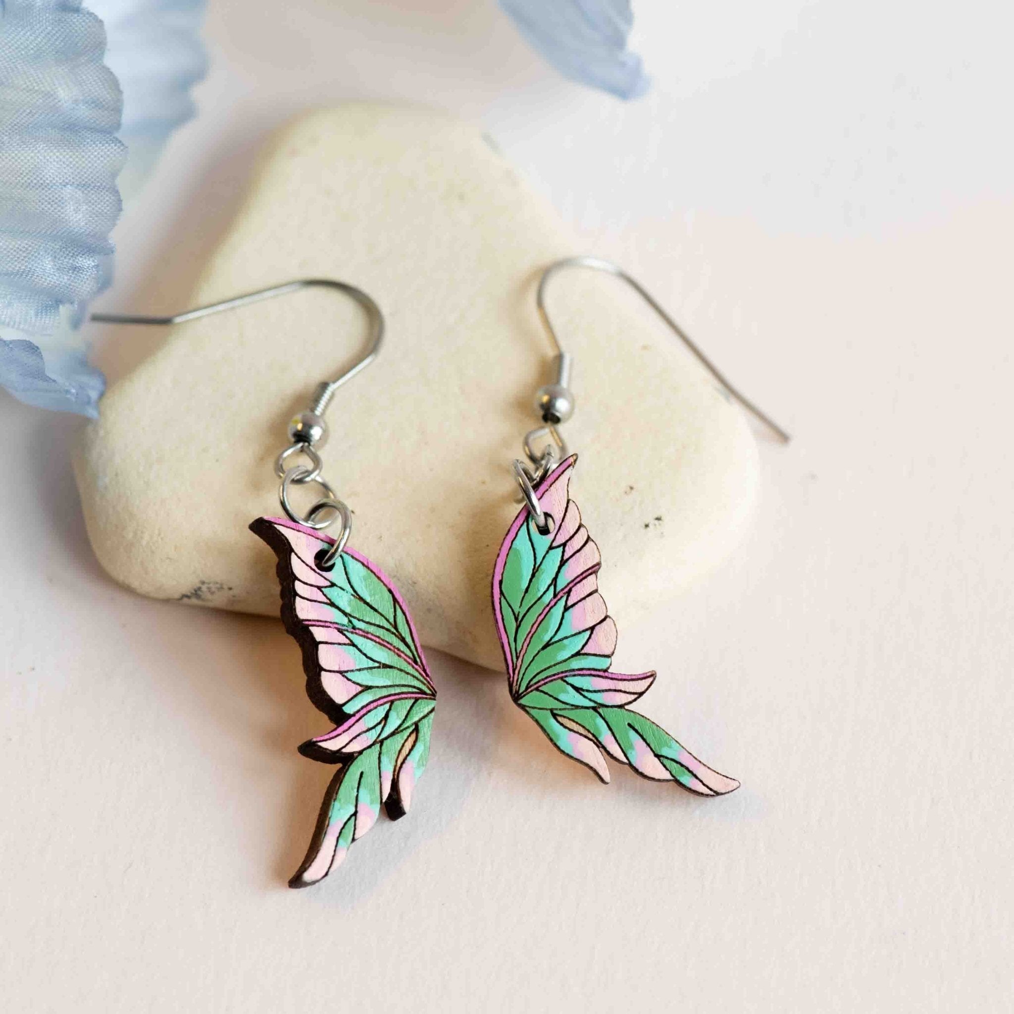 Hand - painted Fairy Wings Wooden Hook Earrings - PEO14219D - Robin Valley Official Store