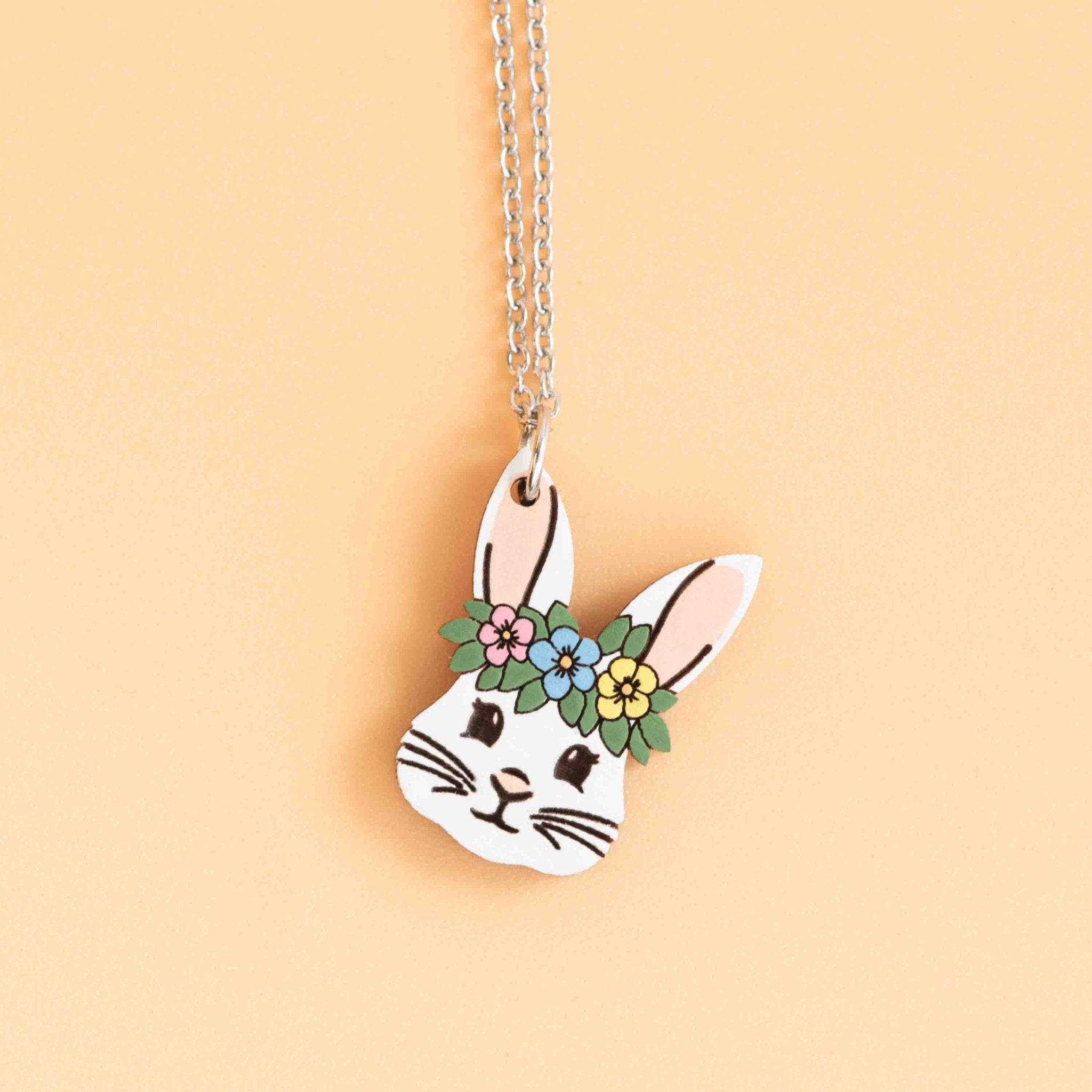Hand Painted Flora Bunny Wooden Necklace - NL60448 - Robin Valley Official Store