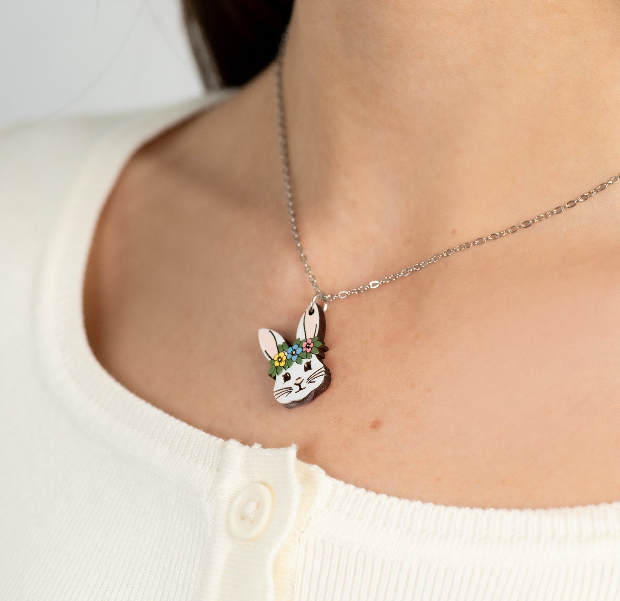 Hand Painted Flora Bunny Wooden Necklace - NL60448 - Robin Valley Official Store
