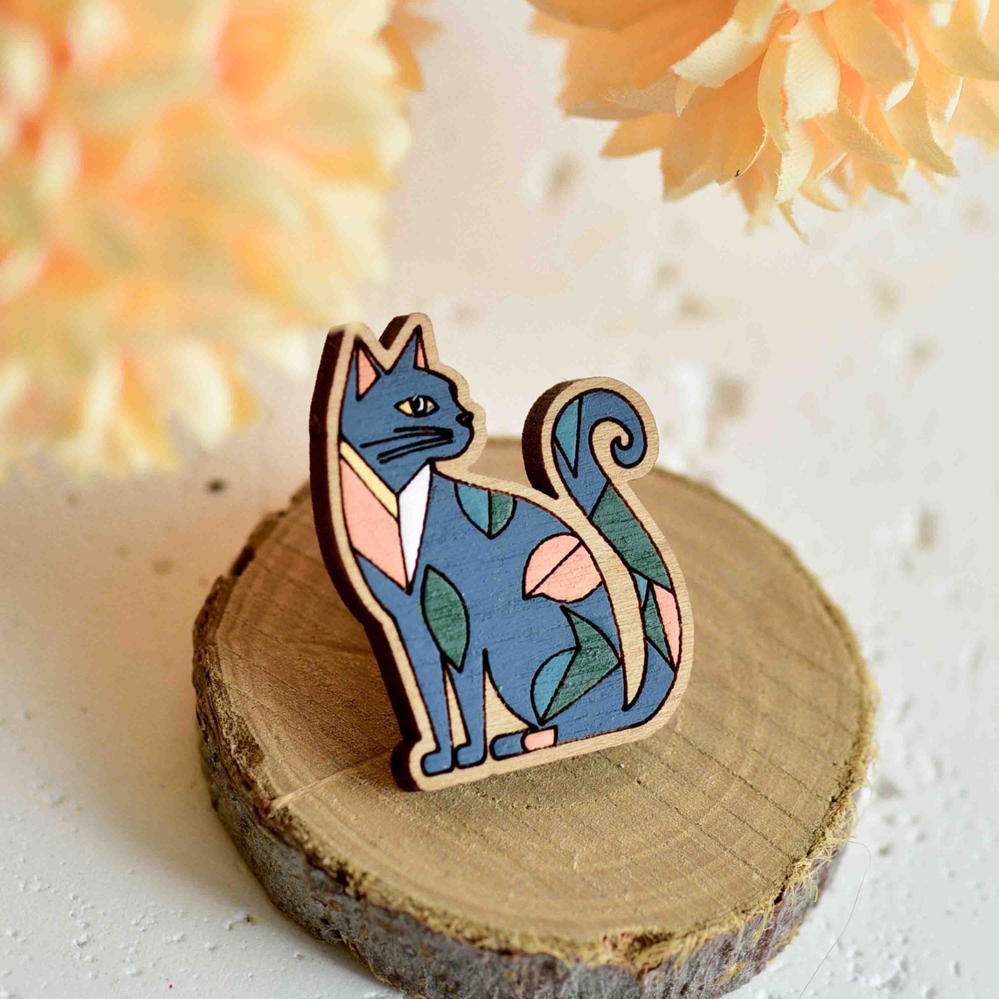 Hand - painted Flora Cat Wooden Pin Badge - PL40508 - Robin Valley Official Store