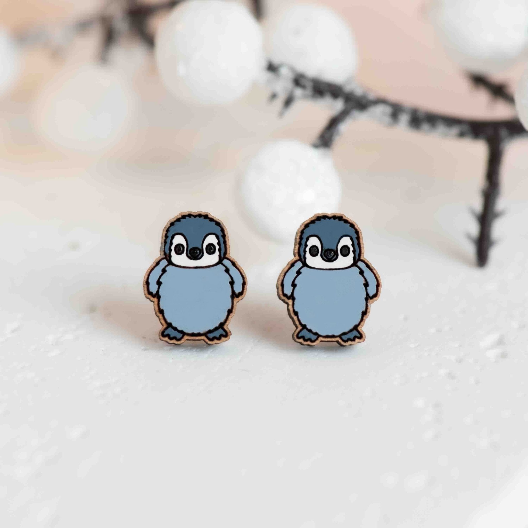 Hand - painted Fluffy Baby Penguin Wooden Stud Earrings - PEB12126 - Robin Valley Official Store