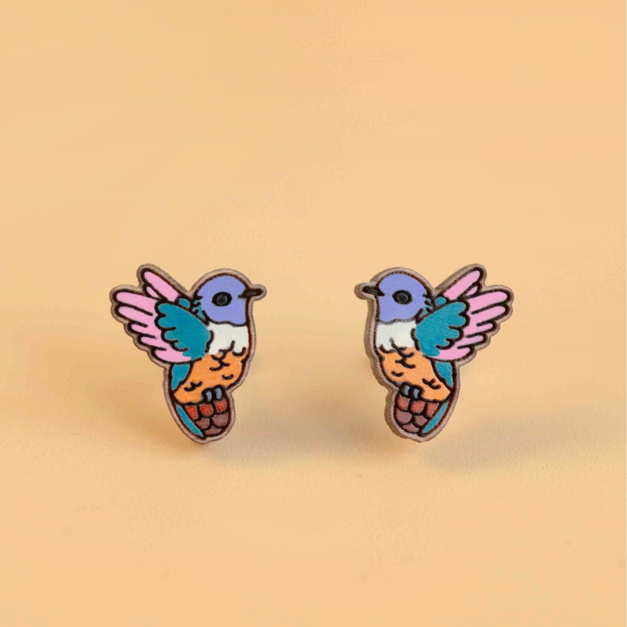 Hand - painted Fluffy Humming Bird Wooden Stud Earrings - PEB12079 - Robin Valley Official Store