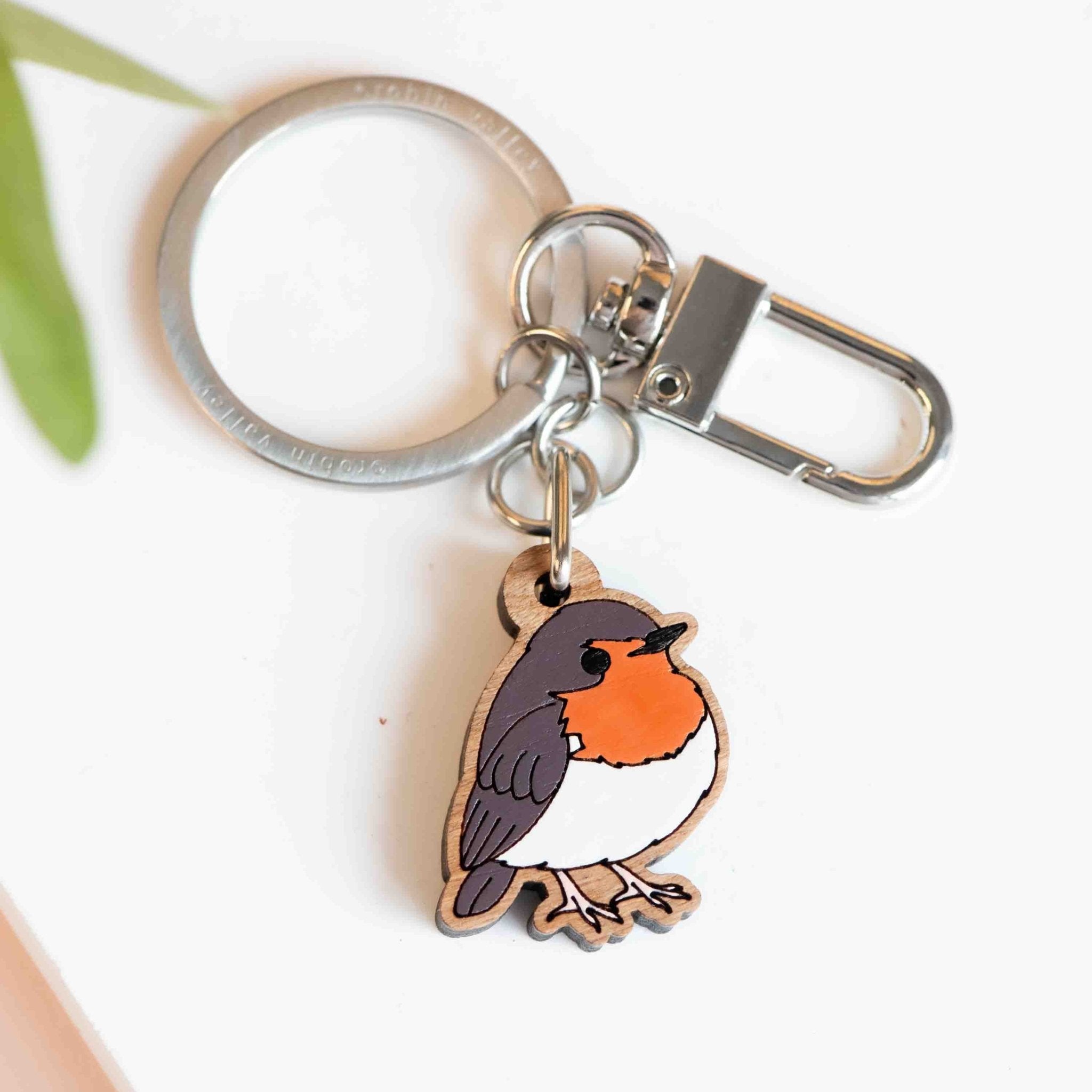 Hand - painted Fluffy Orange Robin Bird Wooden Keyring - KB22088 - Robin Valley Official Store