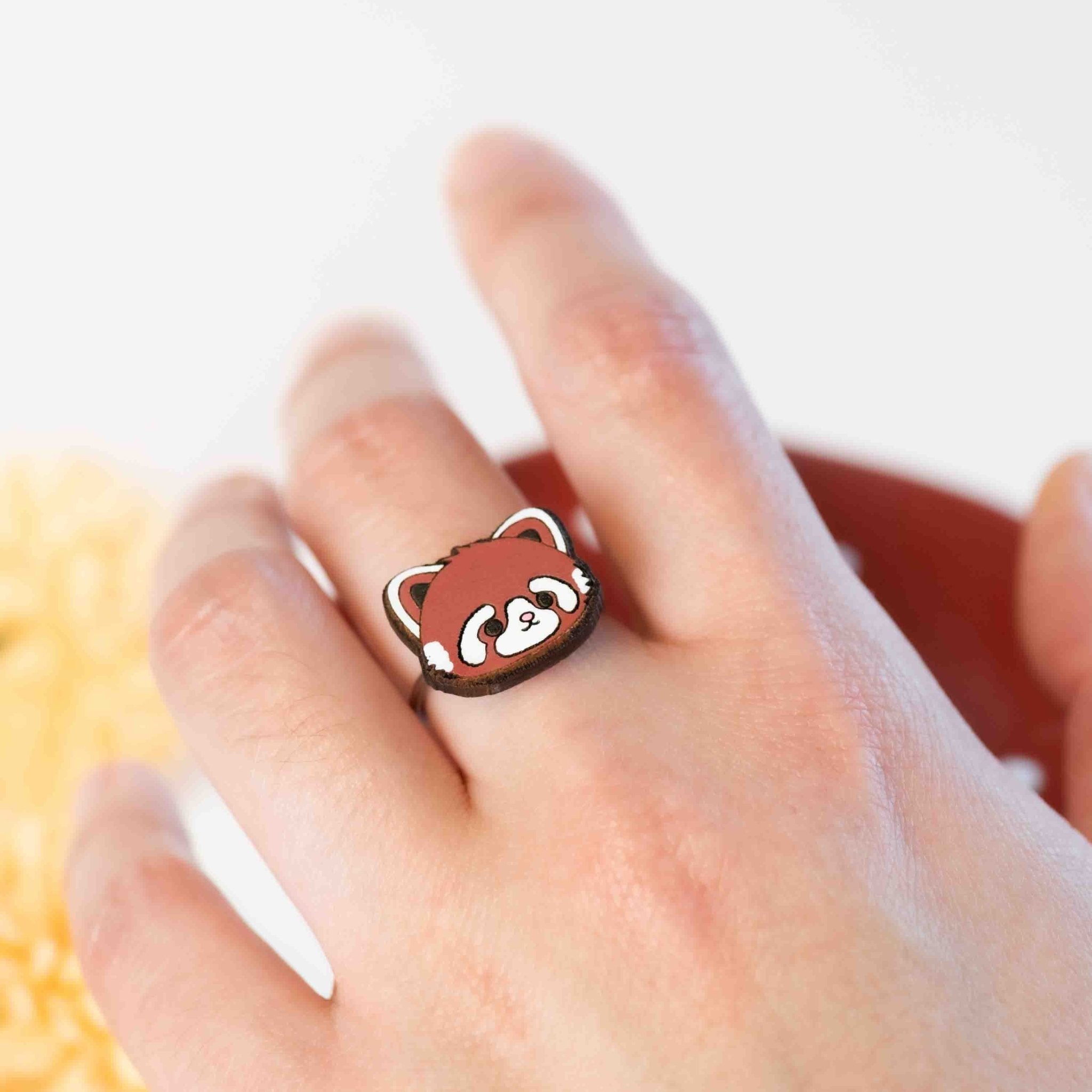 Hand - Painted Fluffy Red Panda Adjustable Wooden Ring - RL70213 - Robin Valley Official Store