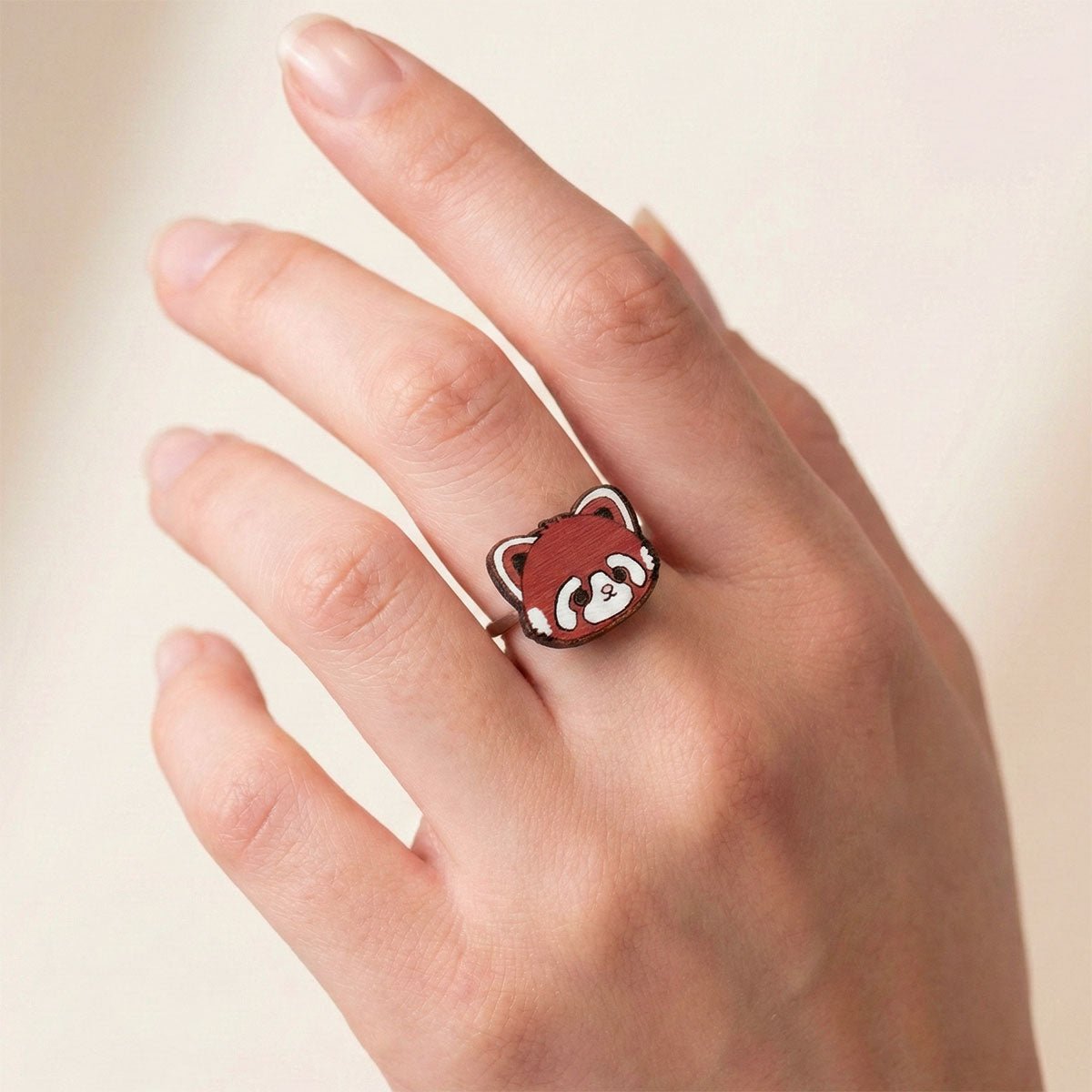 Hand - Painted Fluffy Red Panda Adjustable Wooden Ring - RL70213 - Robin Valley Official Store