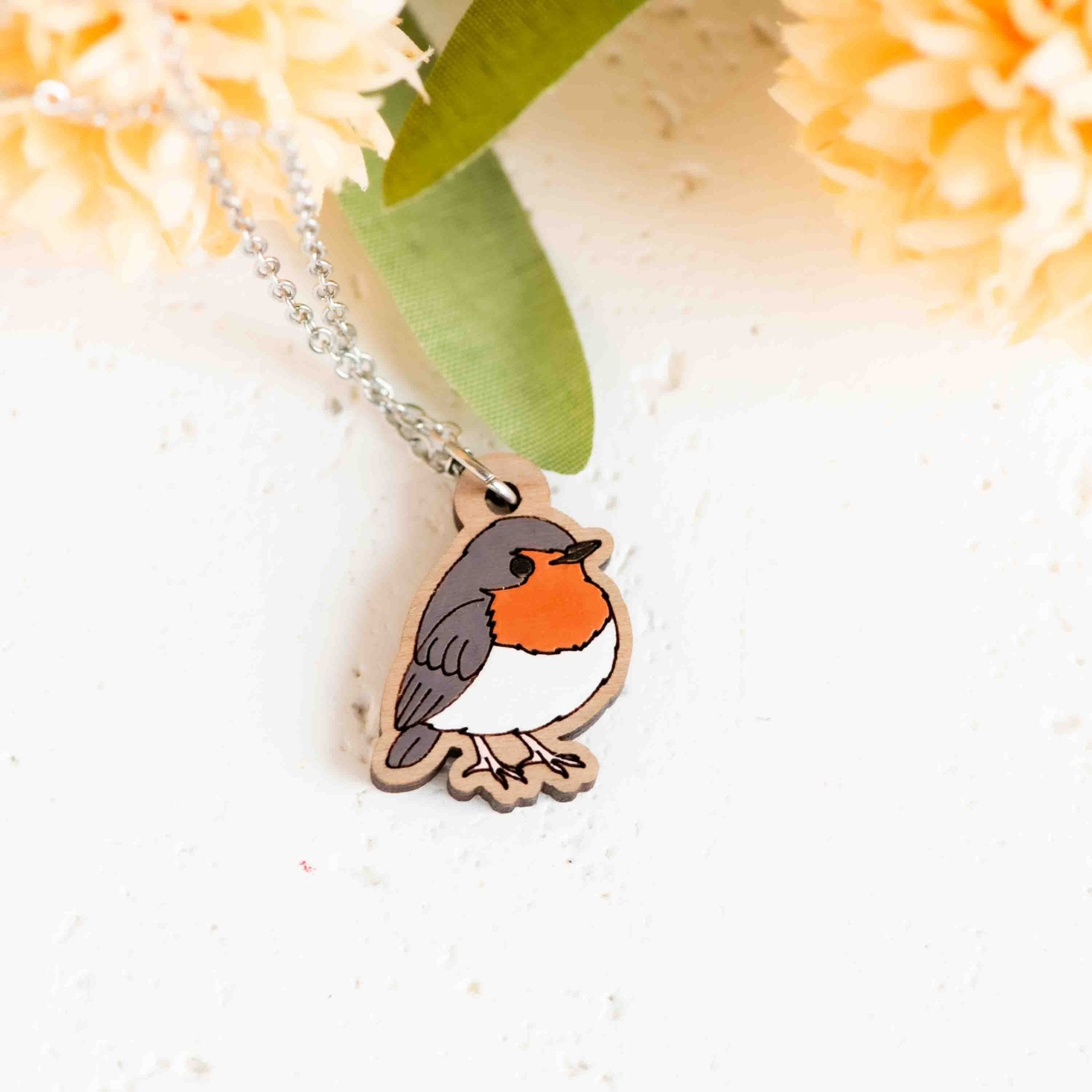 Hand Painted Fluffy Robin Bird Wooden Necklace - NB62088 - Robin Valley Official Store