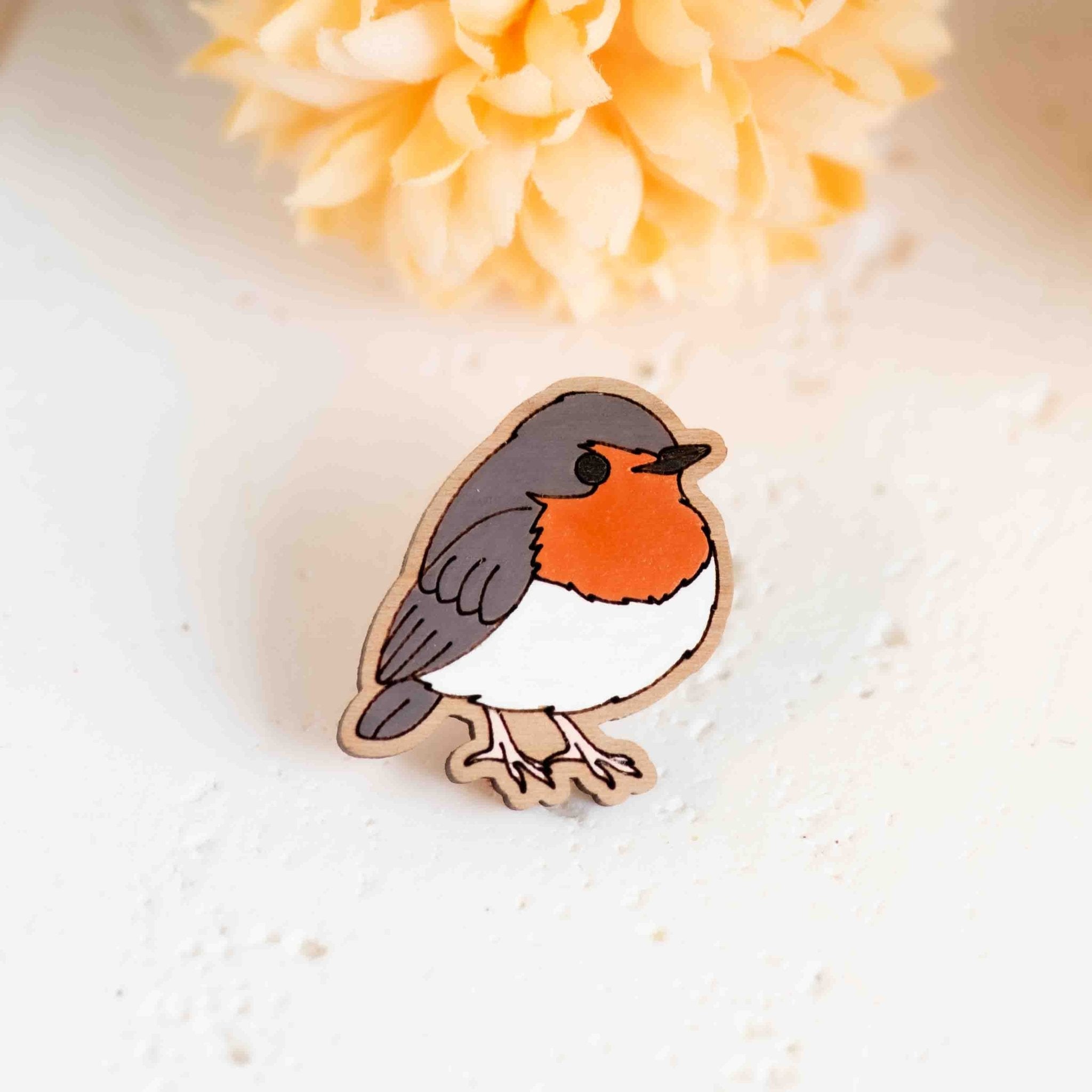Hand - painted Fluffy Robin Bird Wooden Pin Badge - PB42088 - Robin Valley Official Store