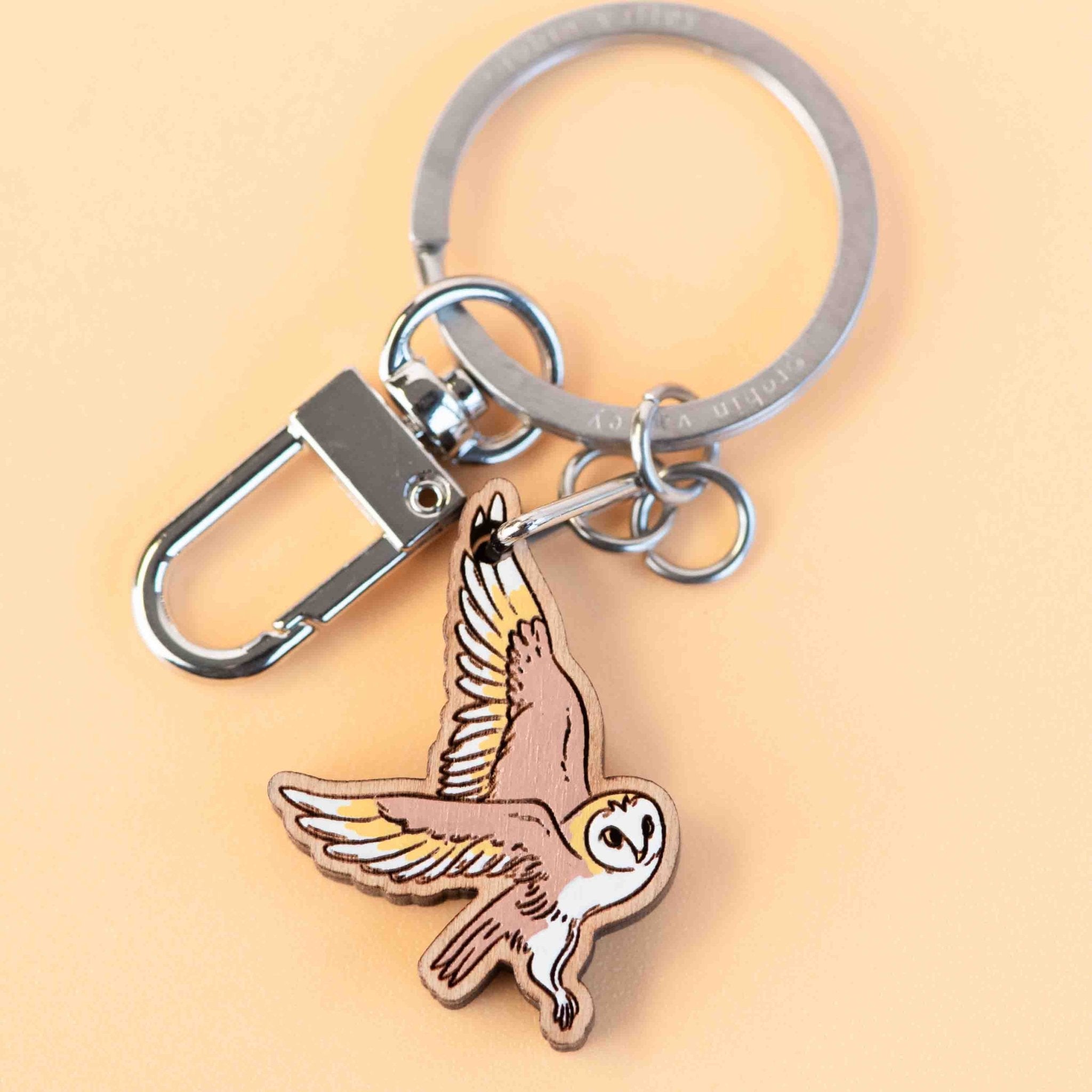 Hand - painted Flying Barn Owl Wooden Keyring - KB22072 - Robin Valley Official Store