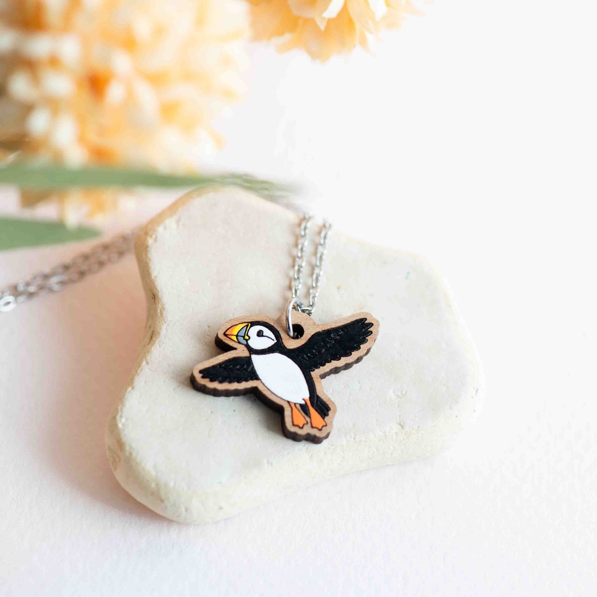 Hand Painted Flying Puffin Wooden Necklace - NB62125 - Robin Valley Official Store