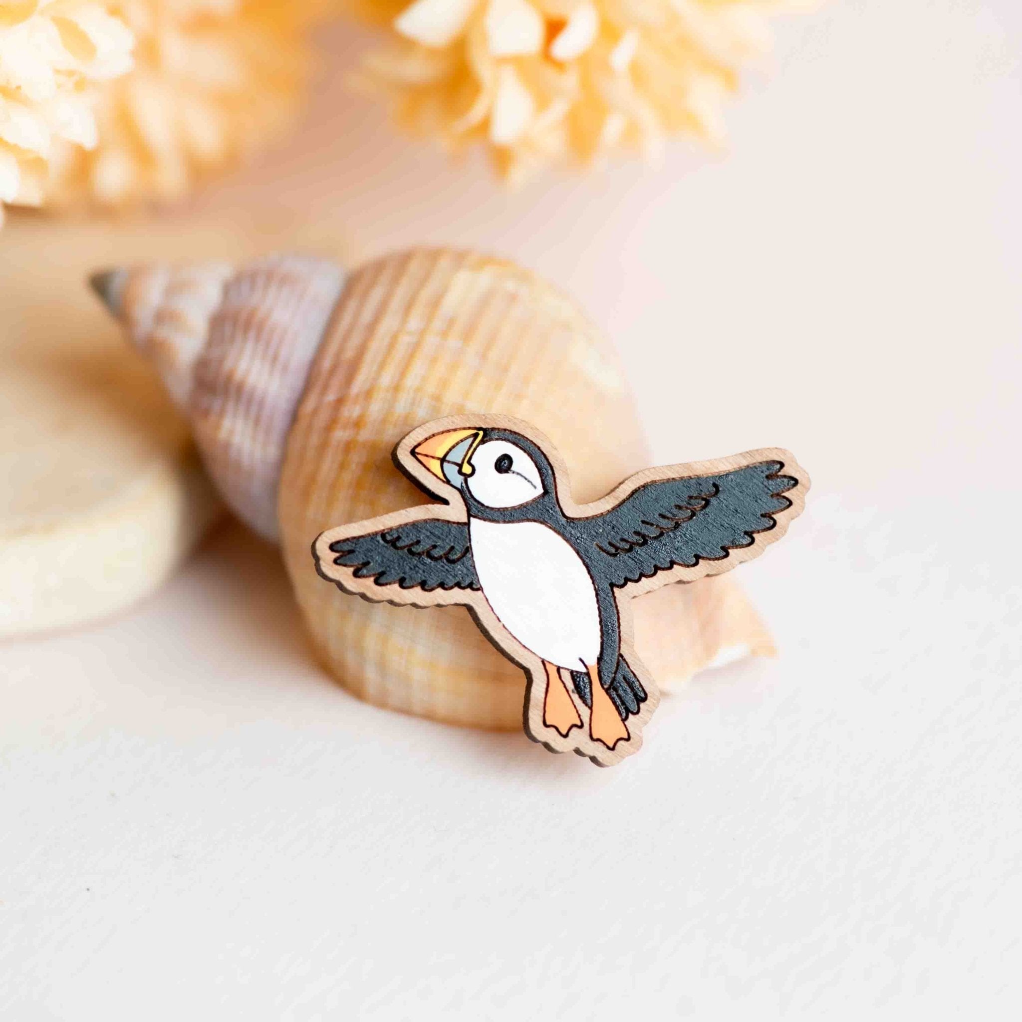 Hand - painted Flying Puffin Wooden Pin Badge - PB42125 - Robin Valley Official Store