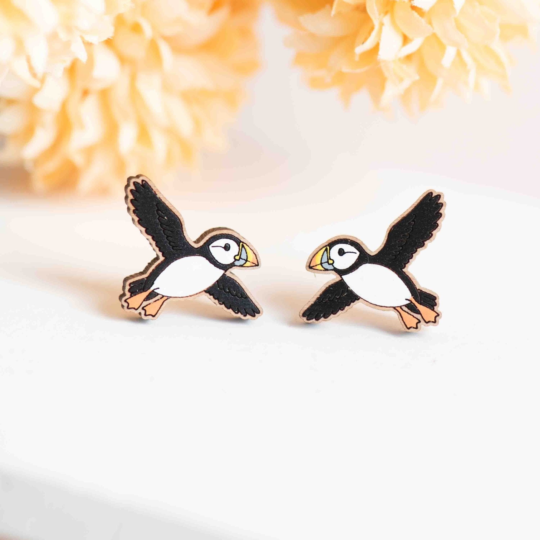 Hand - painted Flying Puffin Wooden Stud Earrings - PEB12125 - Robin Valley Official Store